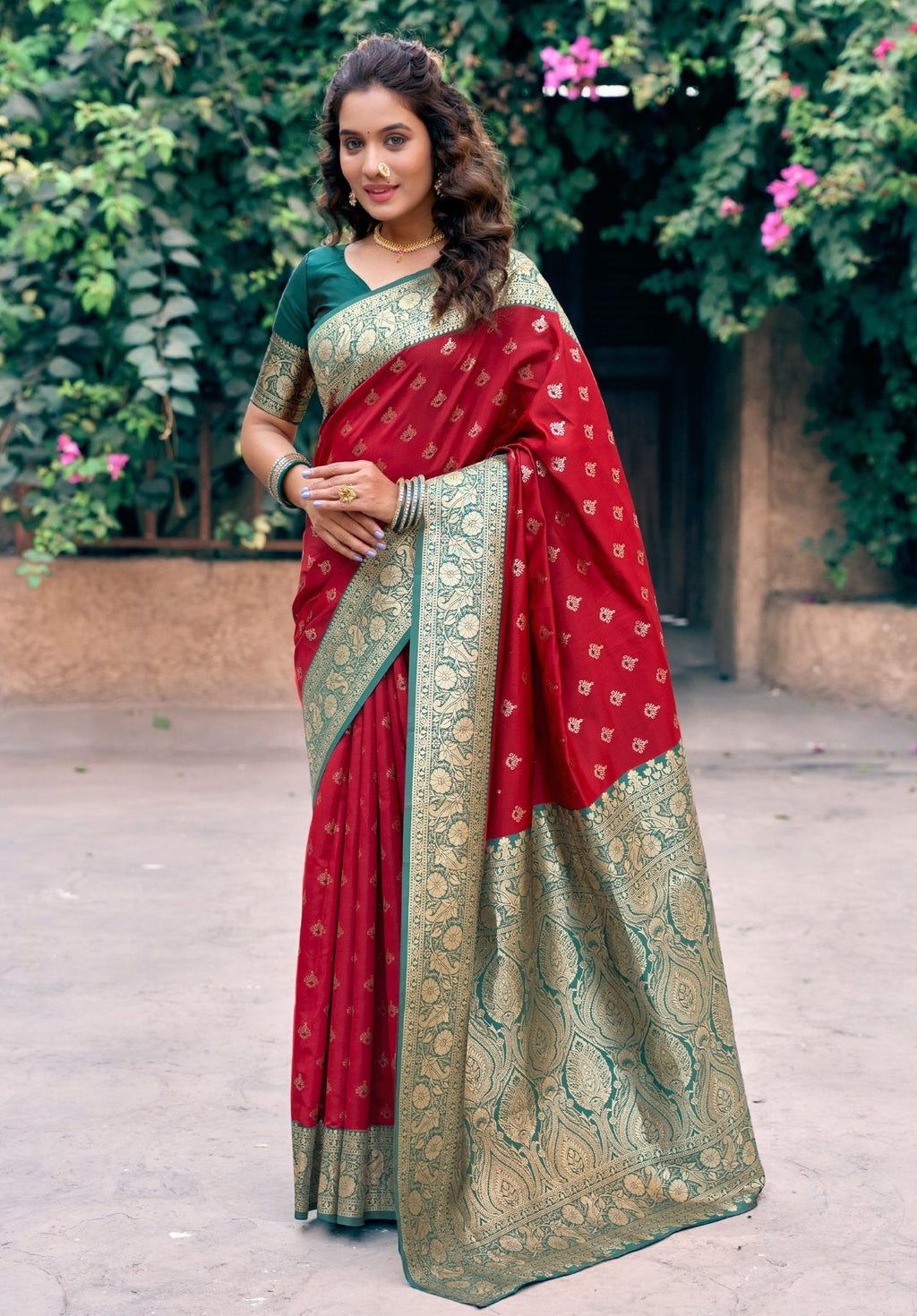 Jyoti Fashion Women's Red Silk Zari Woven Saree with Blouse