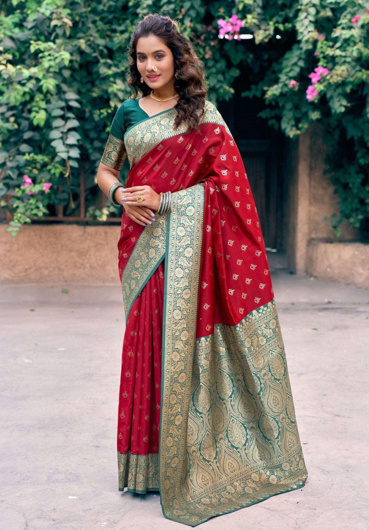Jyoti Fashion Women's Red Silk Zari Woven Saree with Blouse