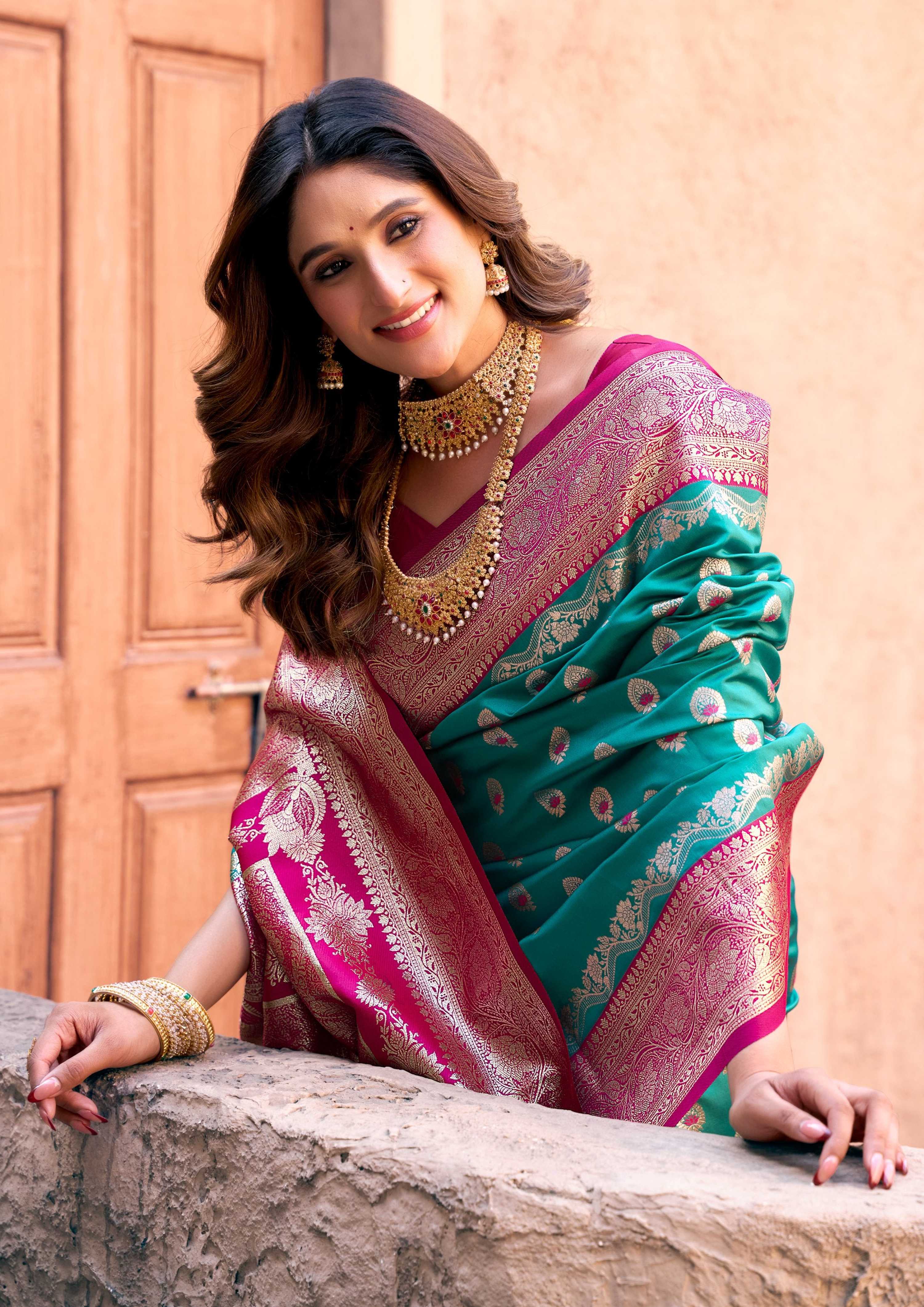 Jyoti Fashion Women's Turquoise Silk Zari Woven Saree with Blouse