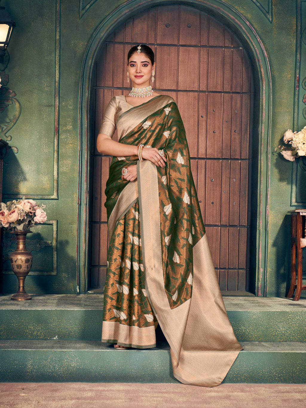 Jyoti Fashion Women's Mehendi Silk Zari Woven Saree with Blouse