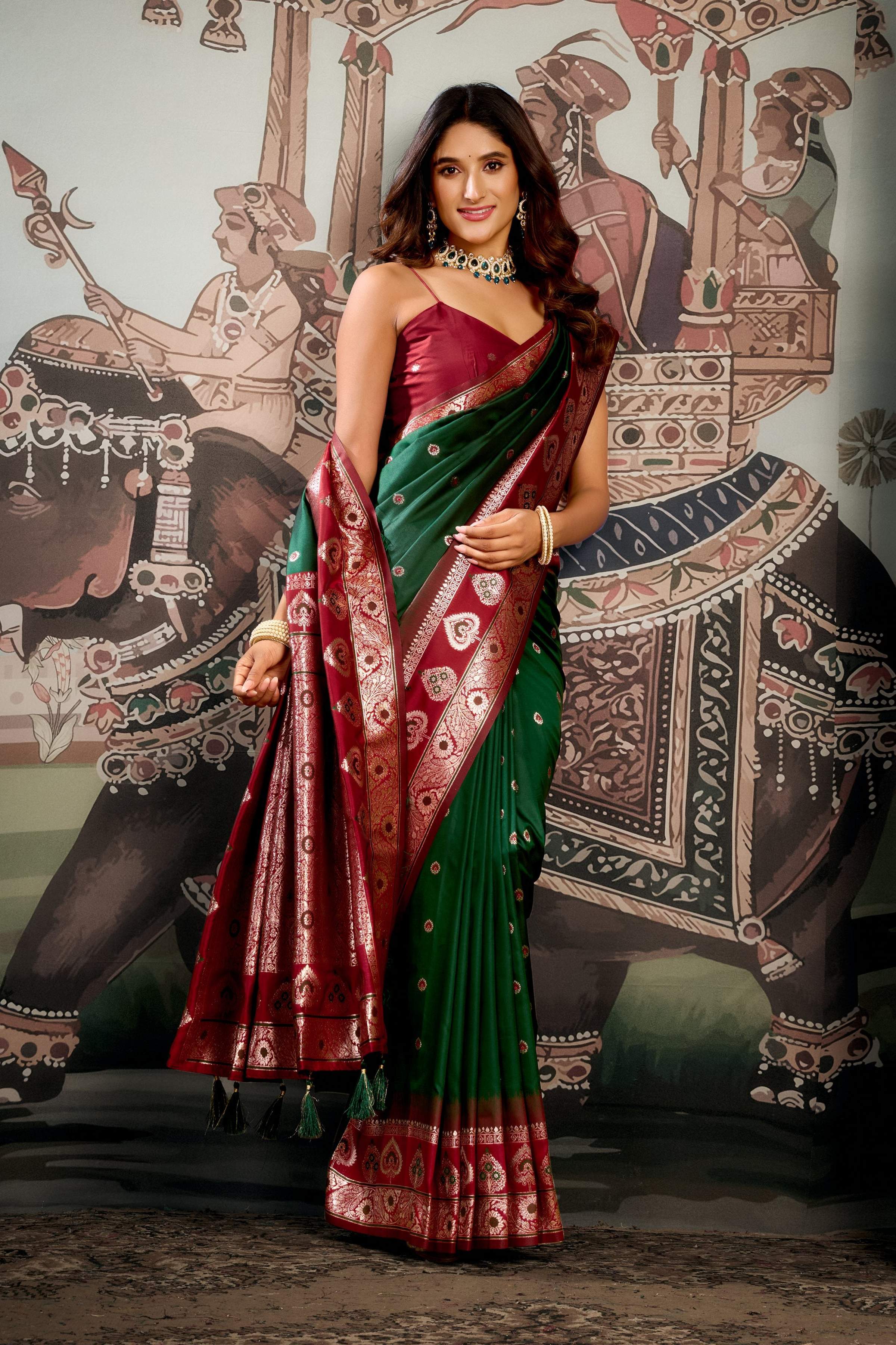 Jyoti Fashion Women's Bottle Green Soft Silk Zari Woven Saree with Blouse