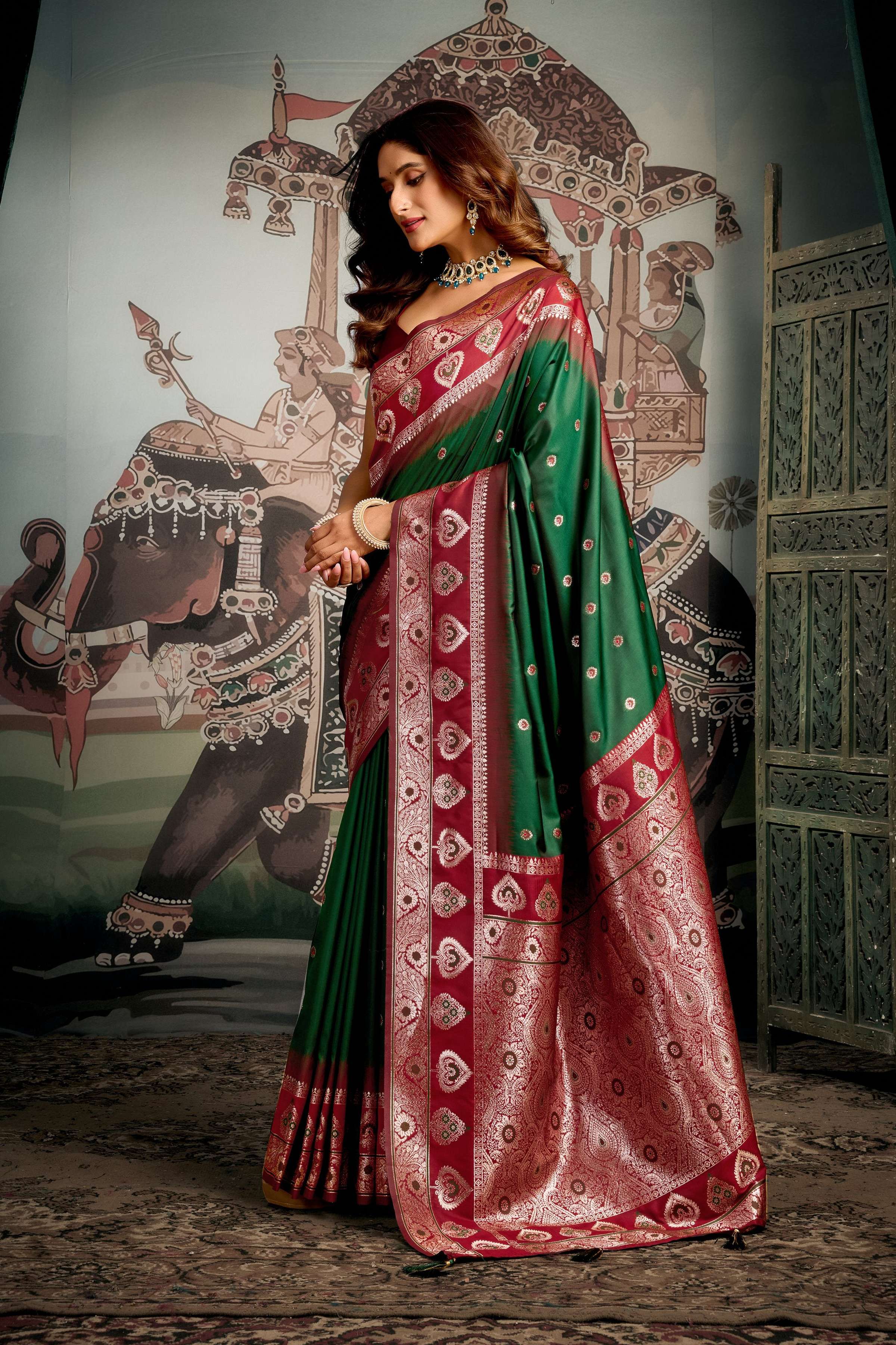 Jyoti Fashion Women's Bottle Green Soft Silk Zari Woven Saree with Blouse