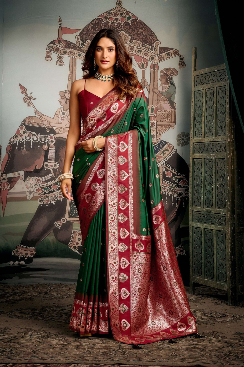 Jyoti Fashion Women's Bottle Green Soft Silk Zari Woven Saree with Blouse