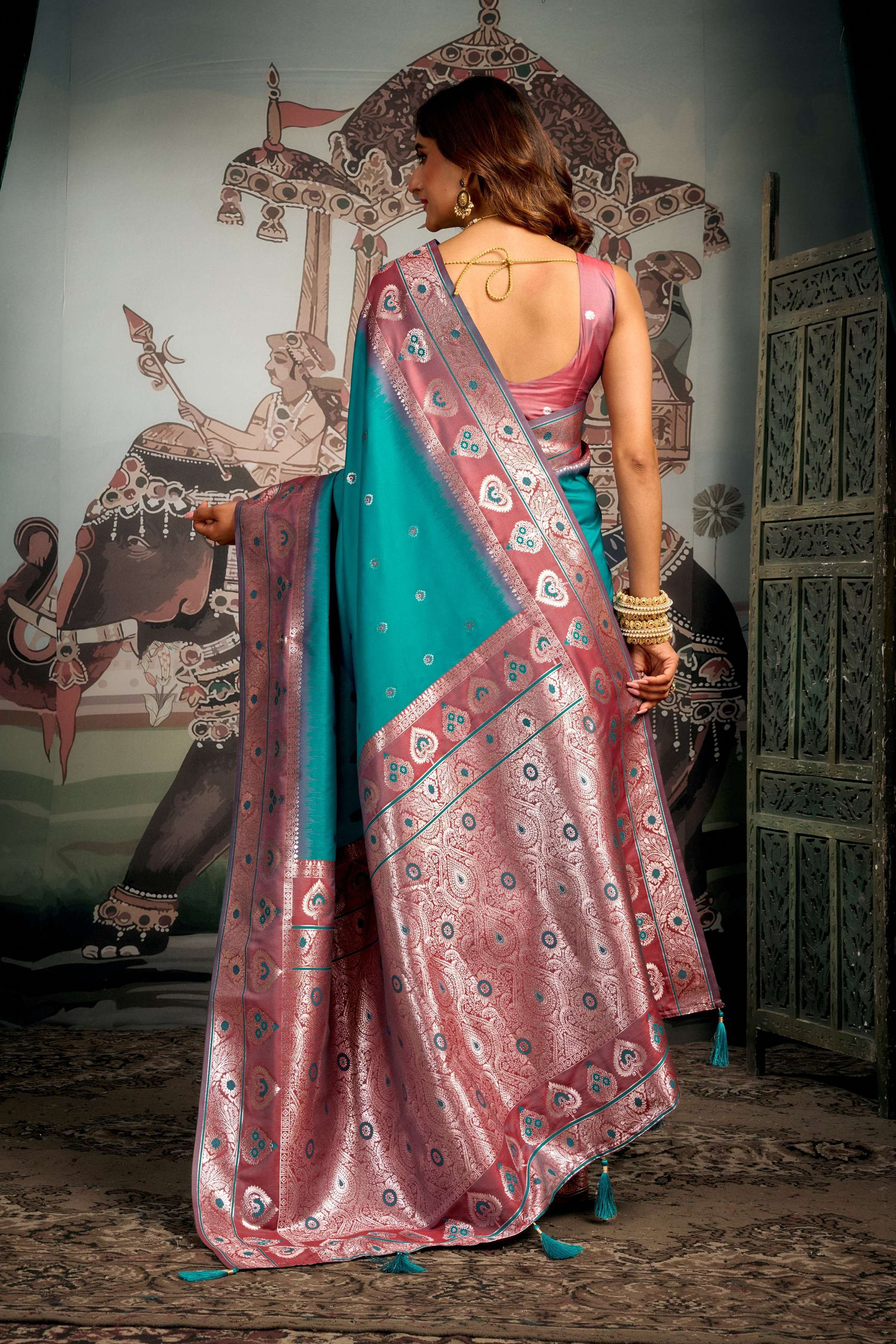 Jyoti Fashion Women's Turquoise Soft Silk Zari Woven Saree with Blouse