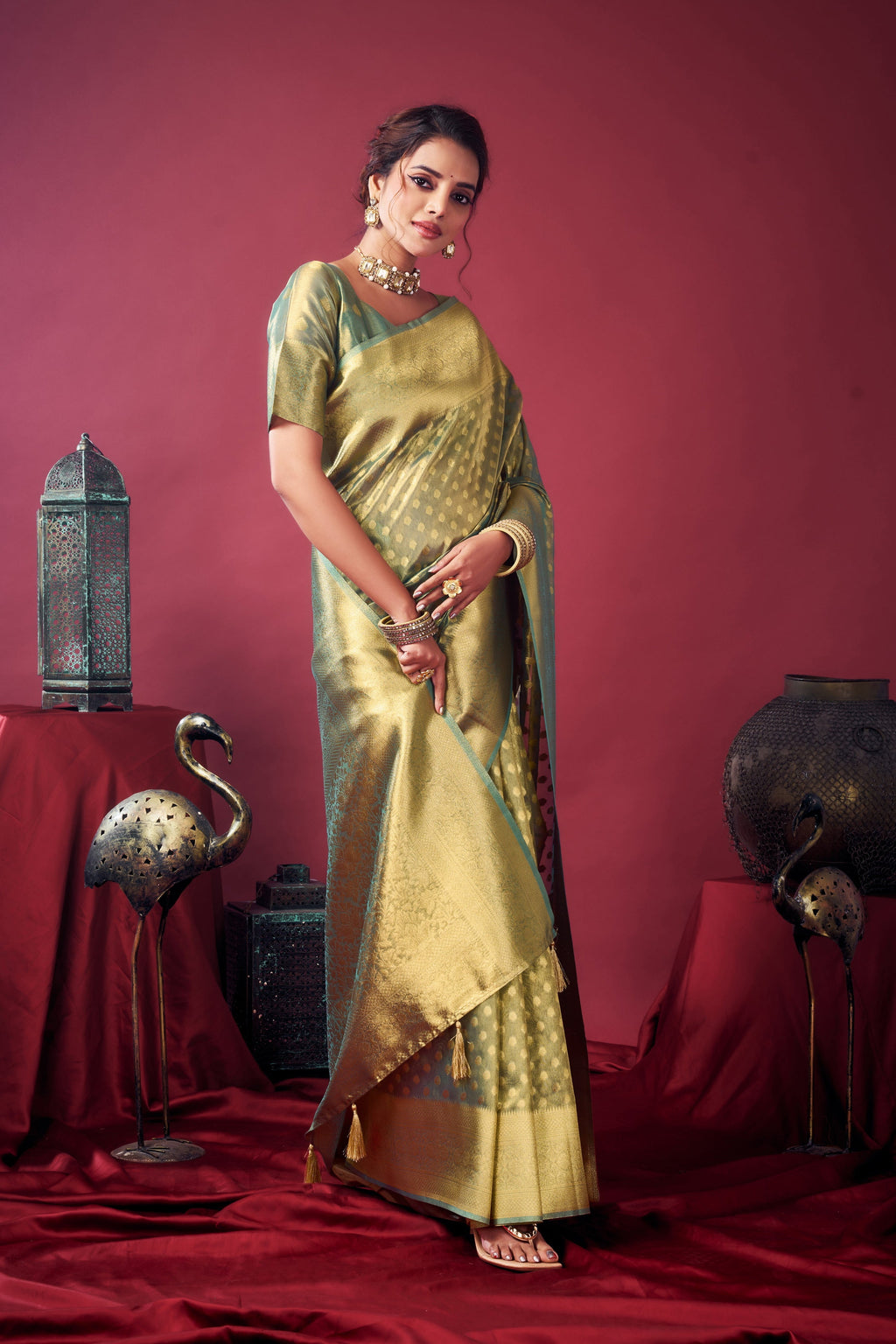 Jyoti Fashion Women's Grey Tissue Silk Zari Woven Saree with Blouse