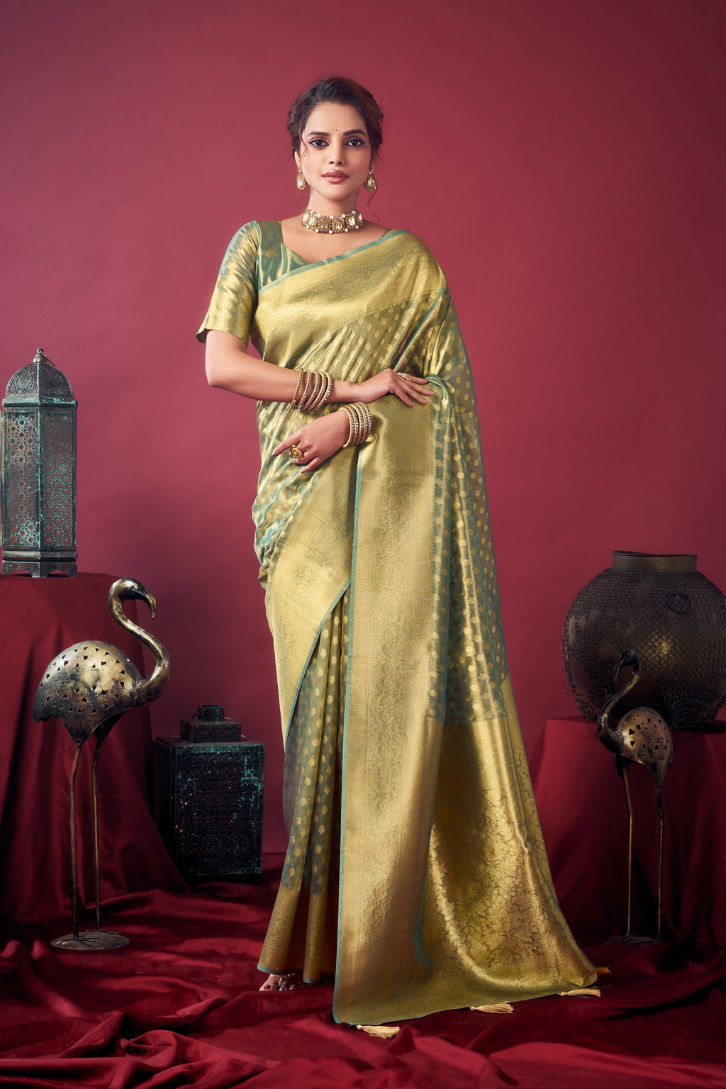 Jyoti Fashion Women's Grey Tissue Silk Zari Woven Saree with Blouse