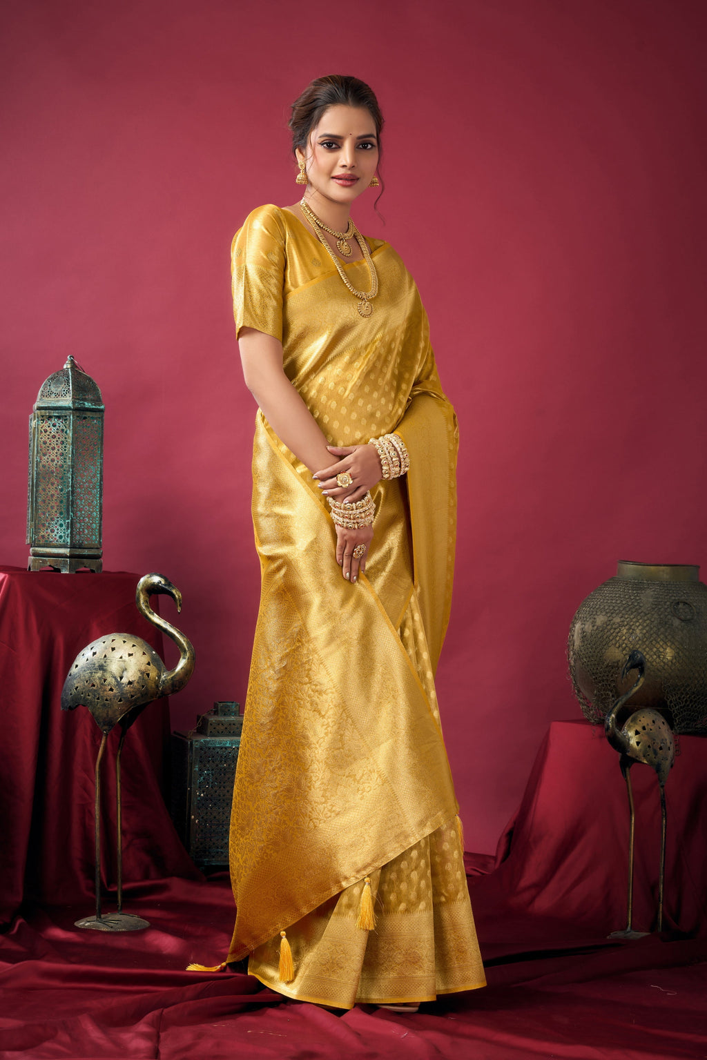 Jyoti Fashion Women's Mustard Tissue Silk Zari Woven Saree with Blouse