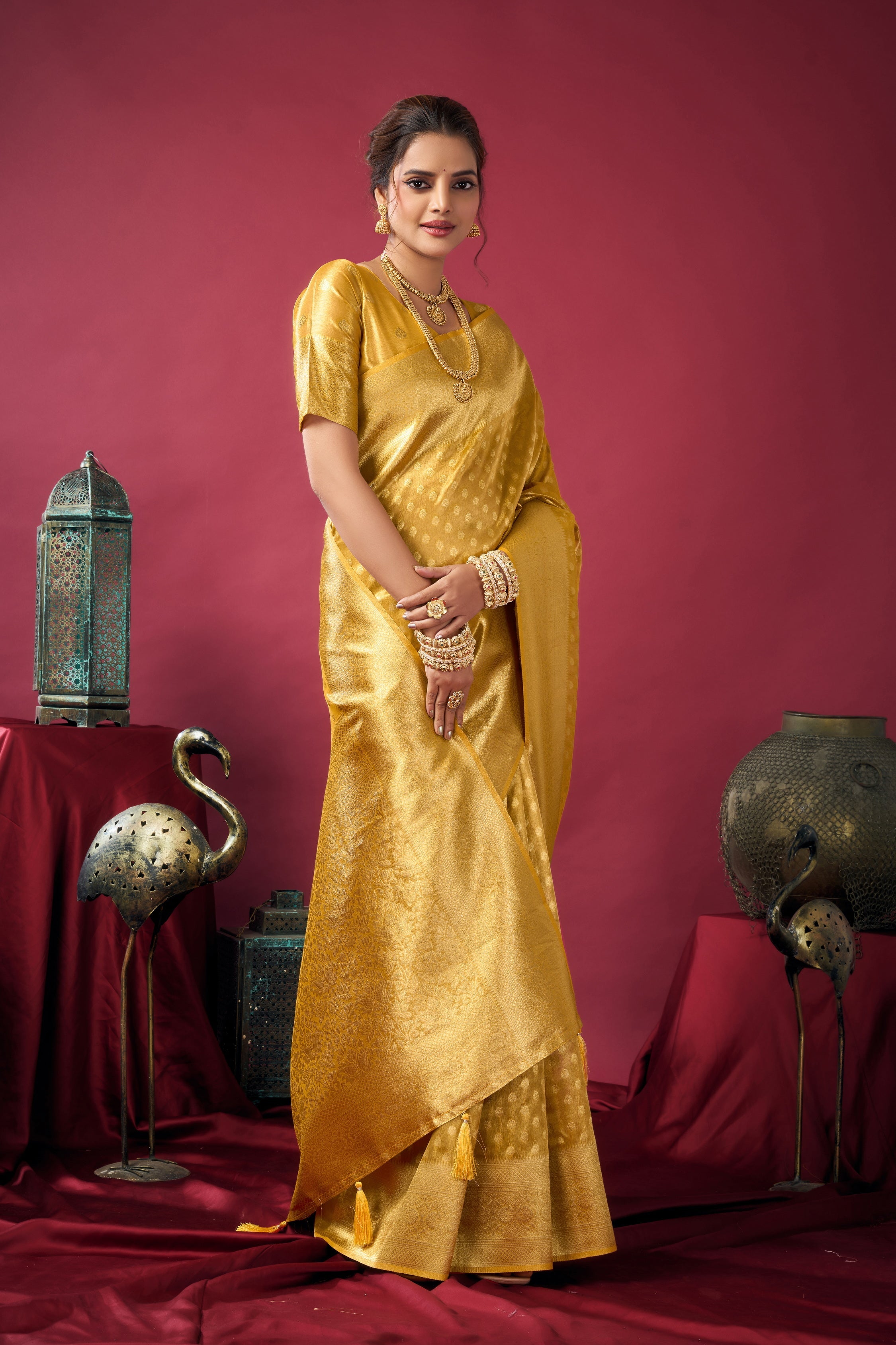 Jyoti Fashion Women's Mustard Tissue Silk Zari Woven Saree with Blouse