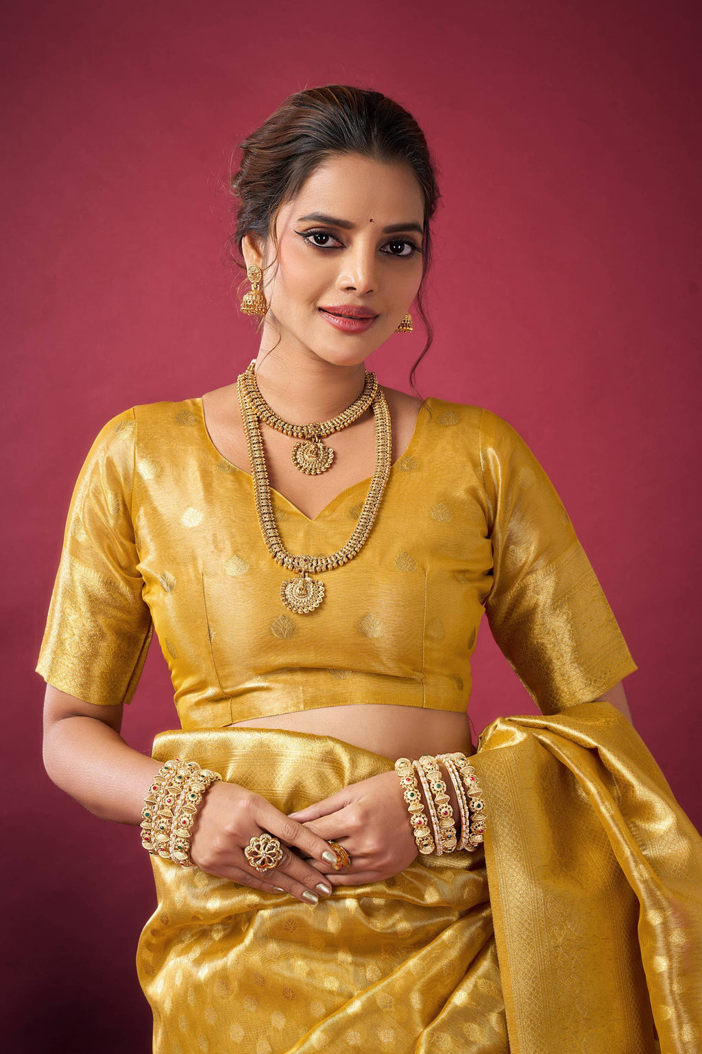 Jyoti Fashion Women's Mustard Tissue Silk Zari Woven Saree with Blouse