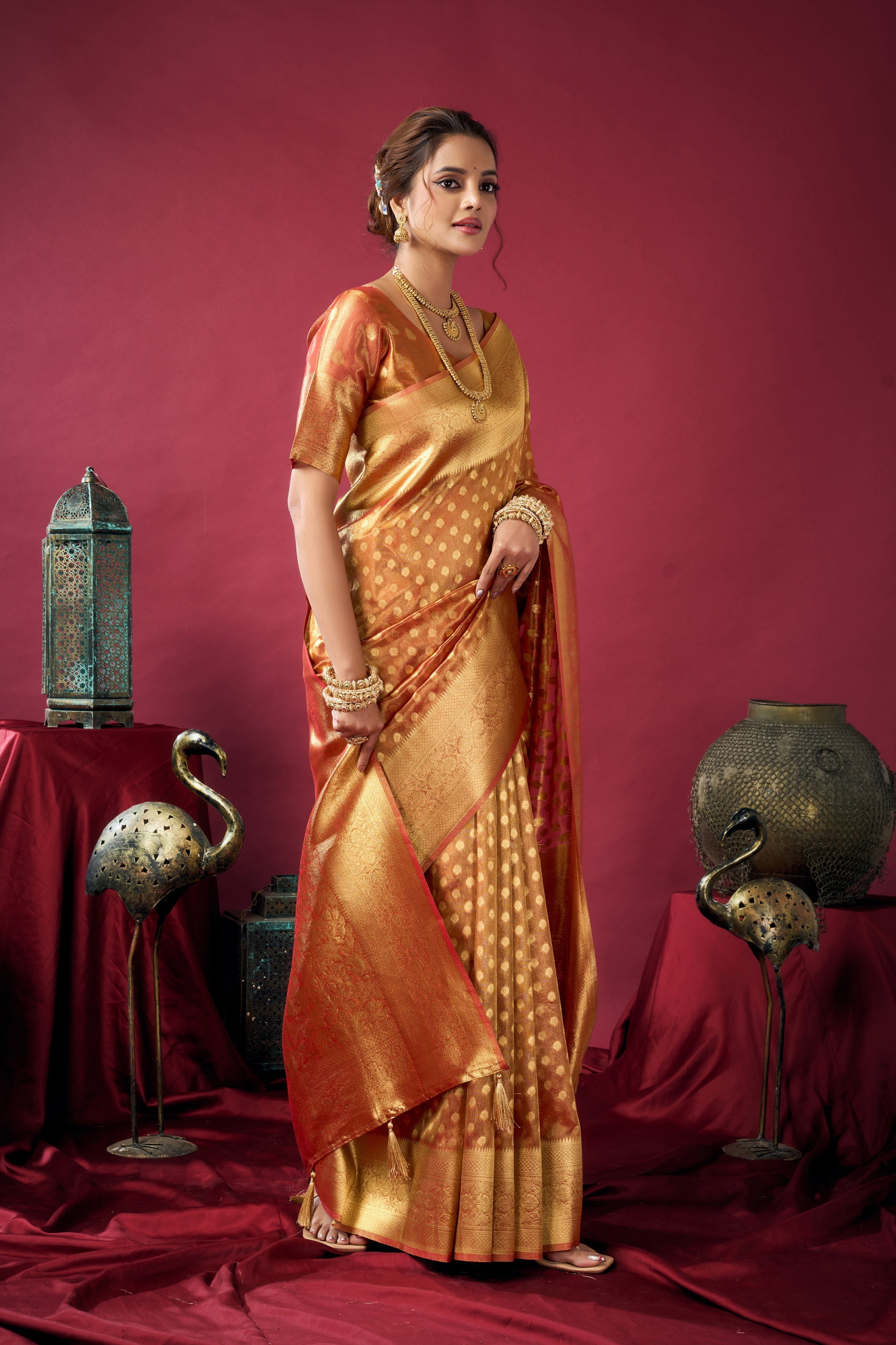 Jyoti Fashion Women's Orange Tissue Silk Zari Woven Saree with Blouse