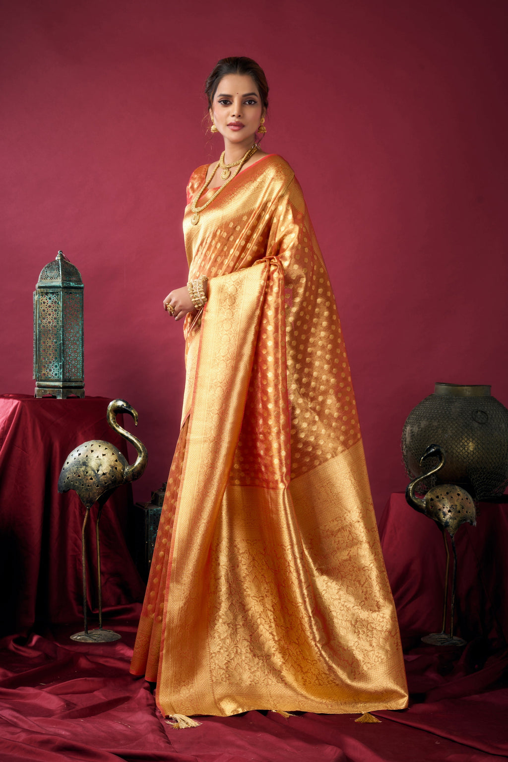 Jyoti Fashion Women's Orange Tissue Silk Zari Woven Saree with Blouse