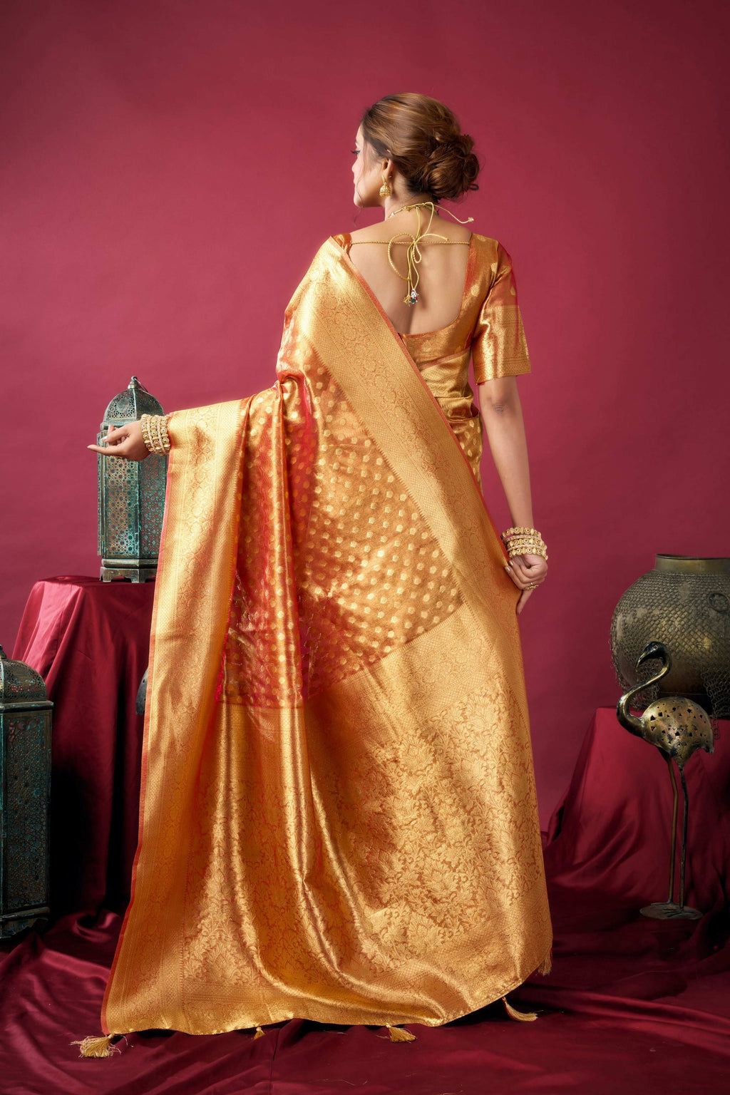 Jyoti Fashion Women's Orange Tissue Silk Zari Woven Saree with Blouse