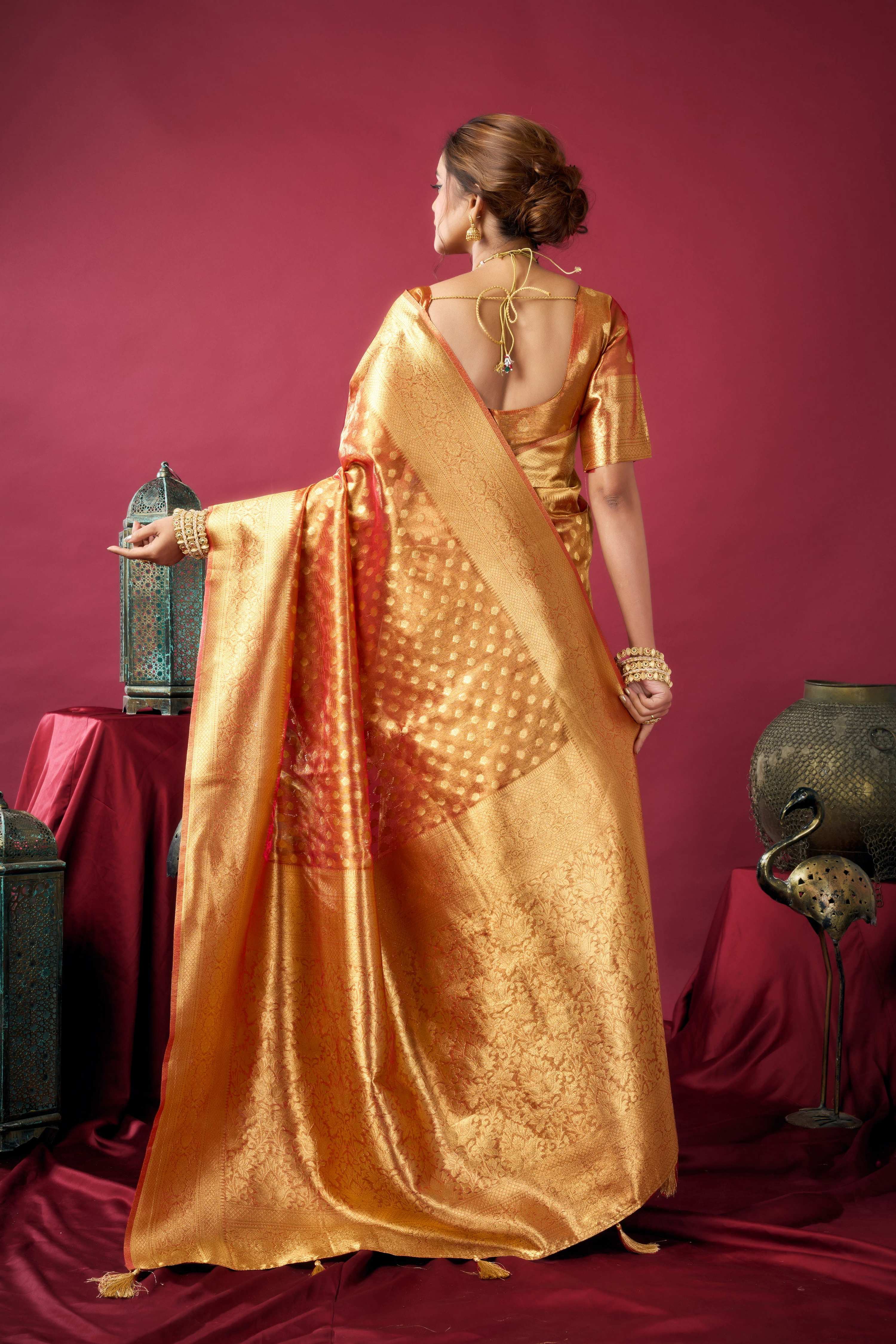 Jyoti Fashion Women's Orange Tissue Silk Zari Woven Saree with Blouse