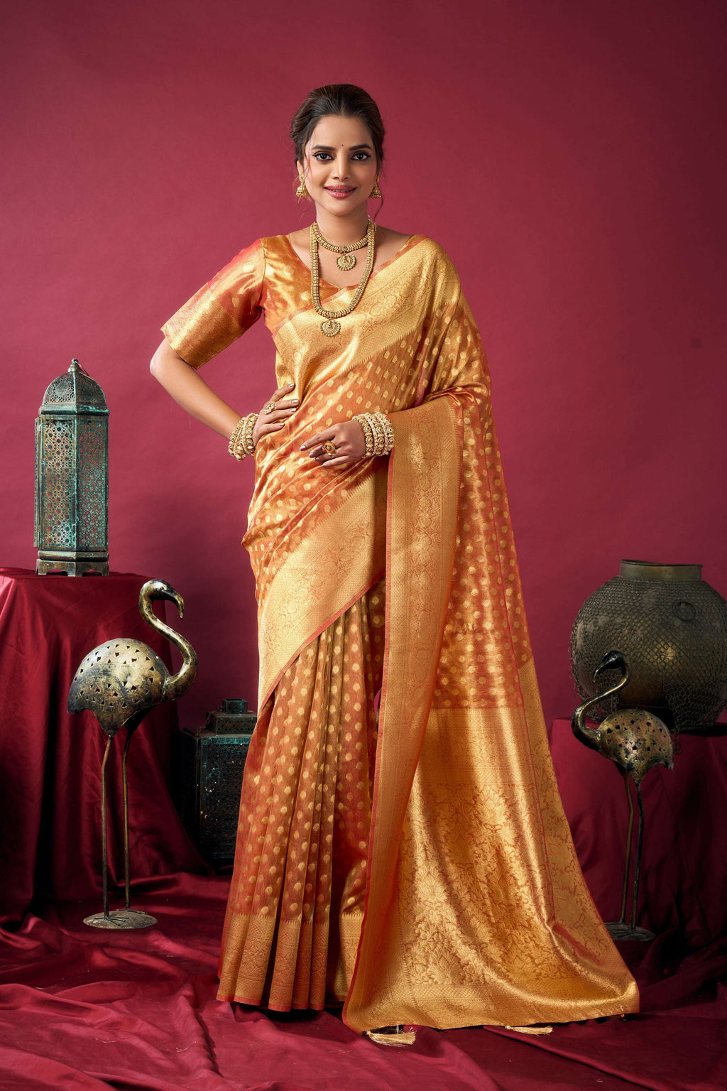Jyoti Fashion Women's Orange Tissue Silk Zari Woven Saree with Blouse