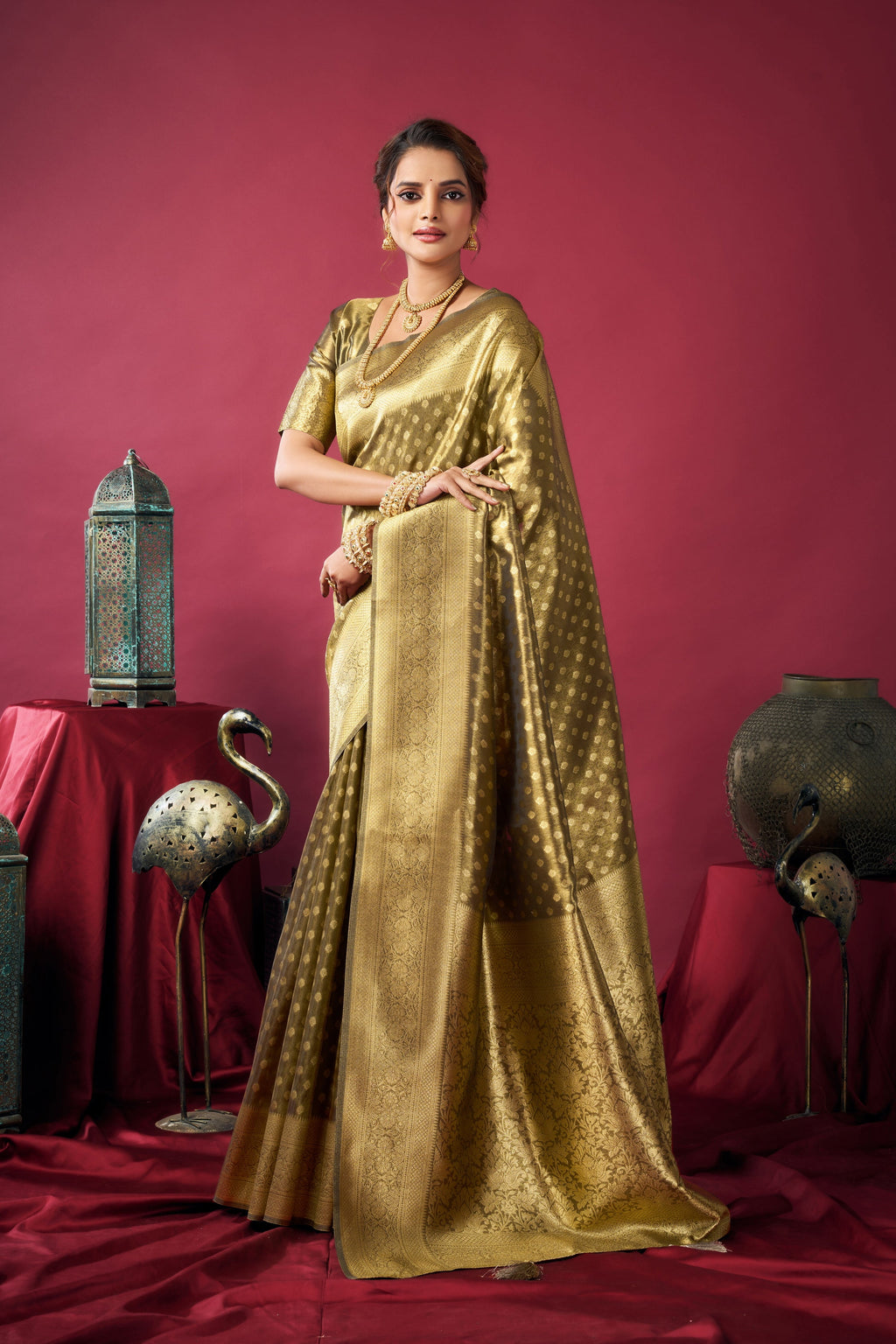 Jyoti Fashion Women's Mehendi Tissue Silk Zari Woven Saree with Blouse