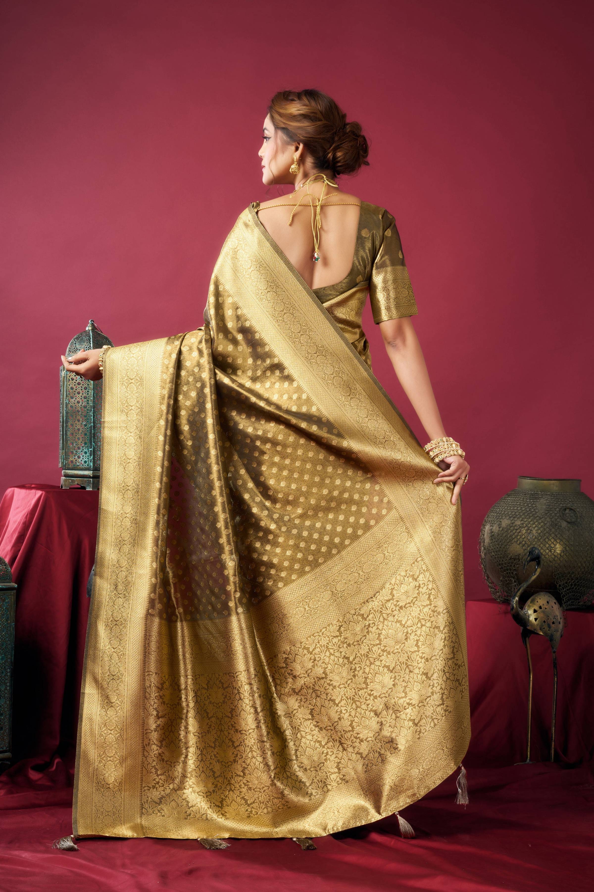 Jyoti Fashion Women's Mehendi Tissue Silk Zari Woven Saree with Blouse