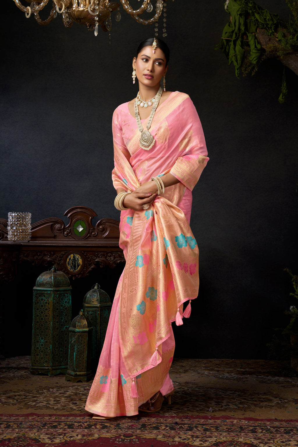 Jyoti Fashion Women's Baby Pink Organza Khadi Zari Woven Saree with Blouse