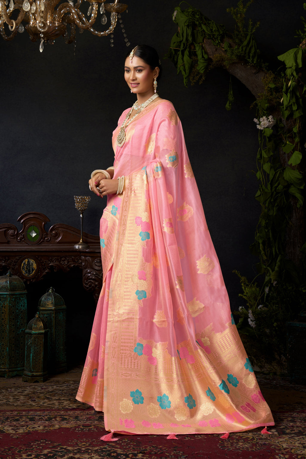 Jyoti Fashion Women's Baby Pink Organza Khadi Zari Woven Saree with Blouse