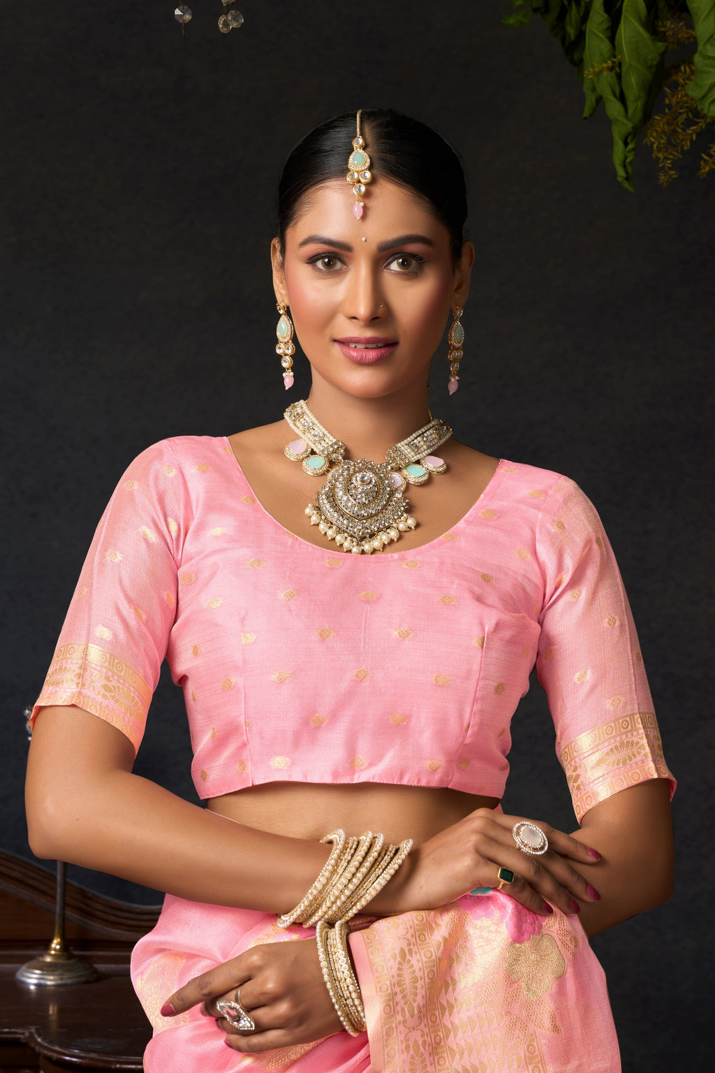 Jyoti Fashion Women's Baby Pink Organza Khadi Zari Woven Saree with Blouse