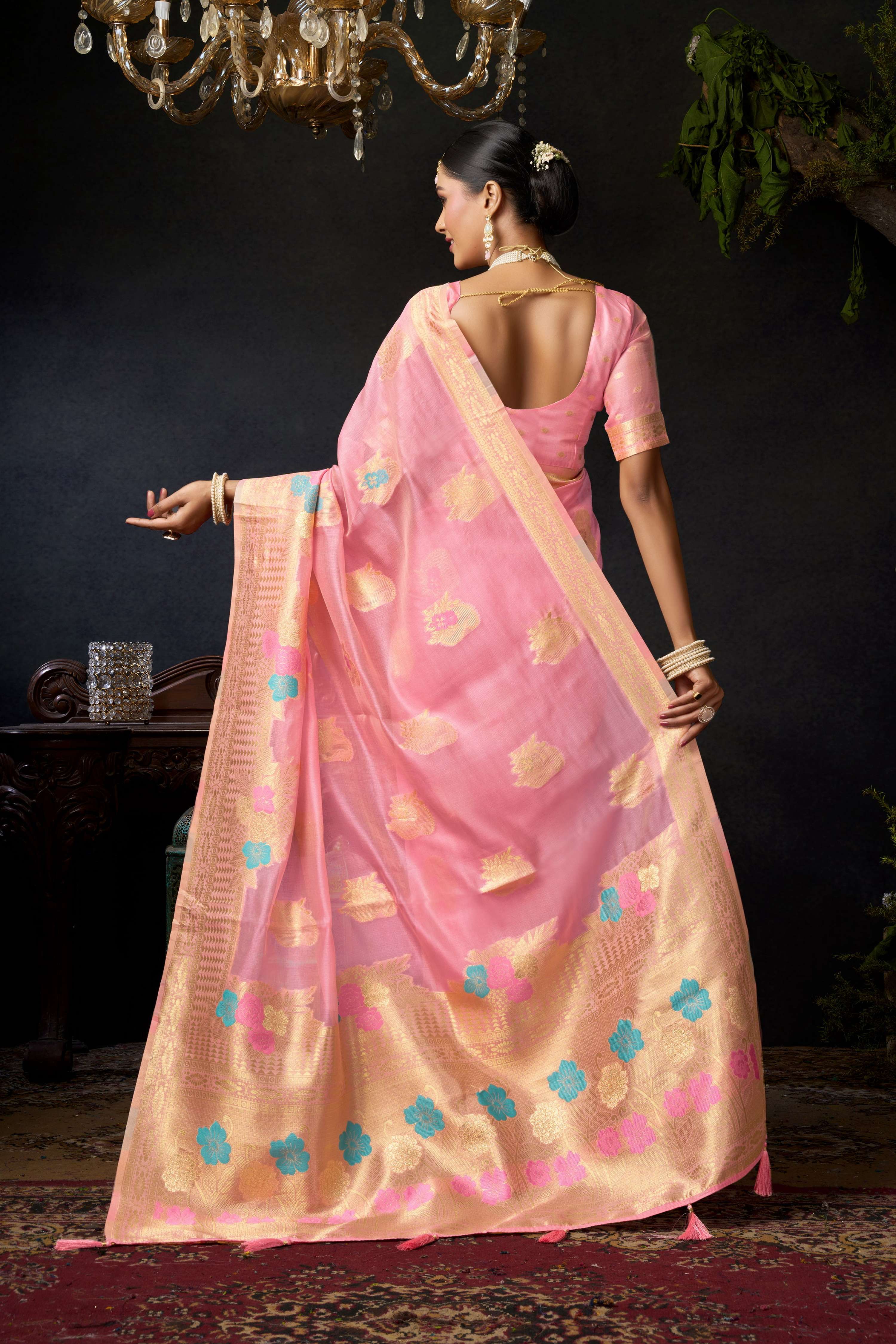Jyoti Fashion Women's Baby Pink Organza Khadi Zari Woven Saree with Blouse