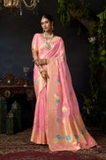 Jyoti Fashion Women's Baby Pink Organza Khadi Zari Woven Saree with Blouse