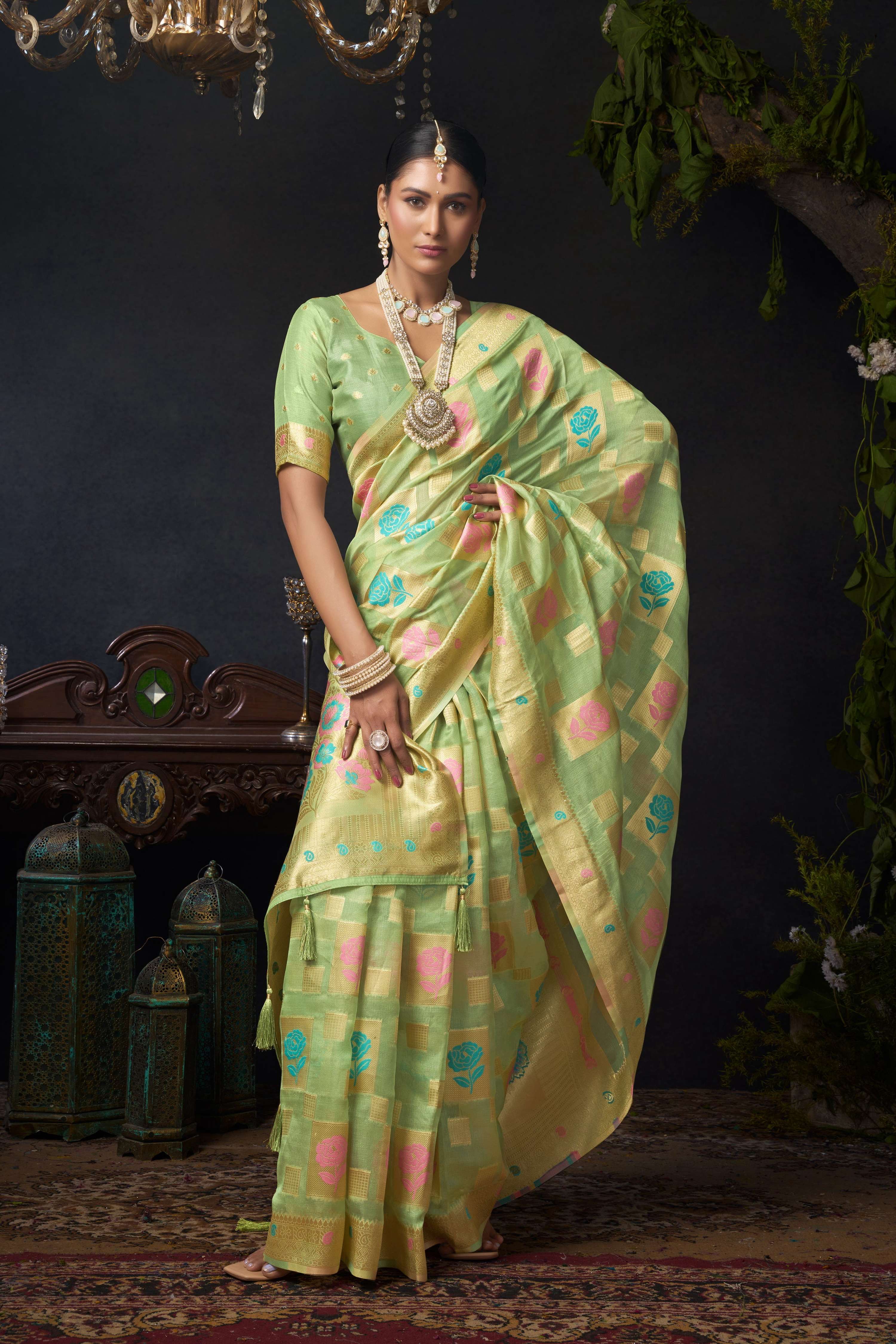 Jyoti Fashion Women's Green Organza Khadi Zari Woven Saree with Blouse
