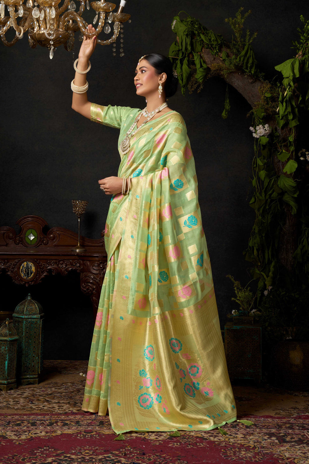 Jyoti Fashion Women's Green Organza Khadi Zari Woven Saree with Blouse