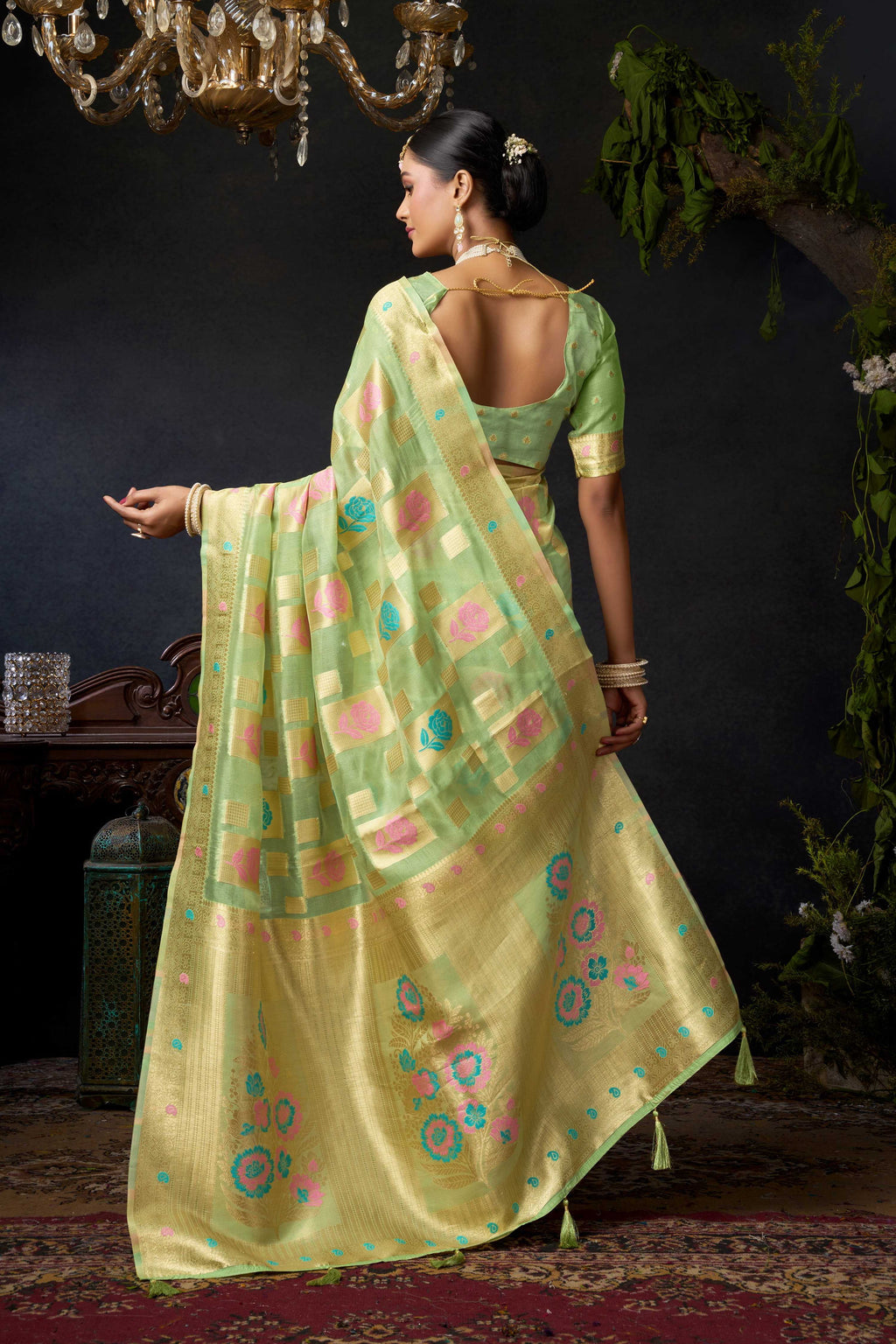 Jyoti Fashion Women's Green Organza Khadi Zari Woven Saree with Blouse