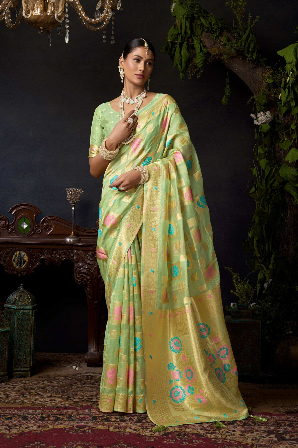 Jyoti Fashion Women's Green Organza Khadi Zari Woven Saree with Blouse