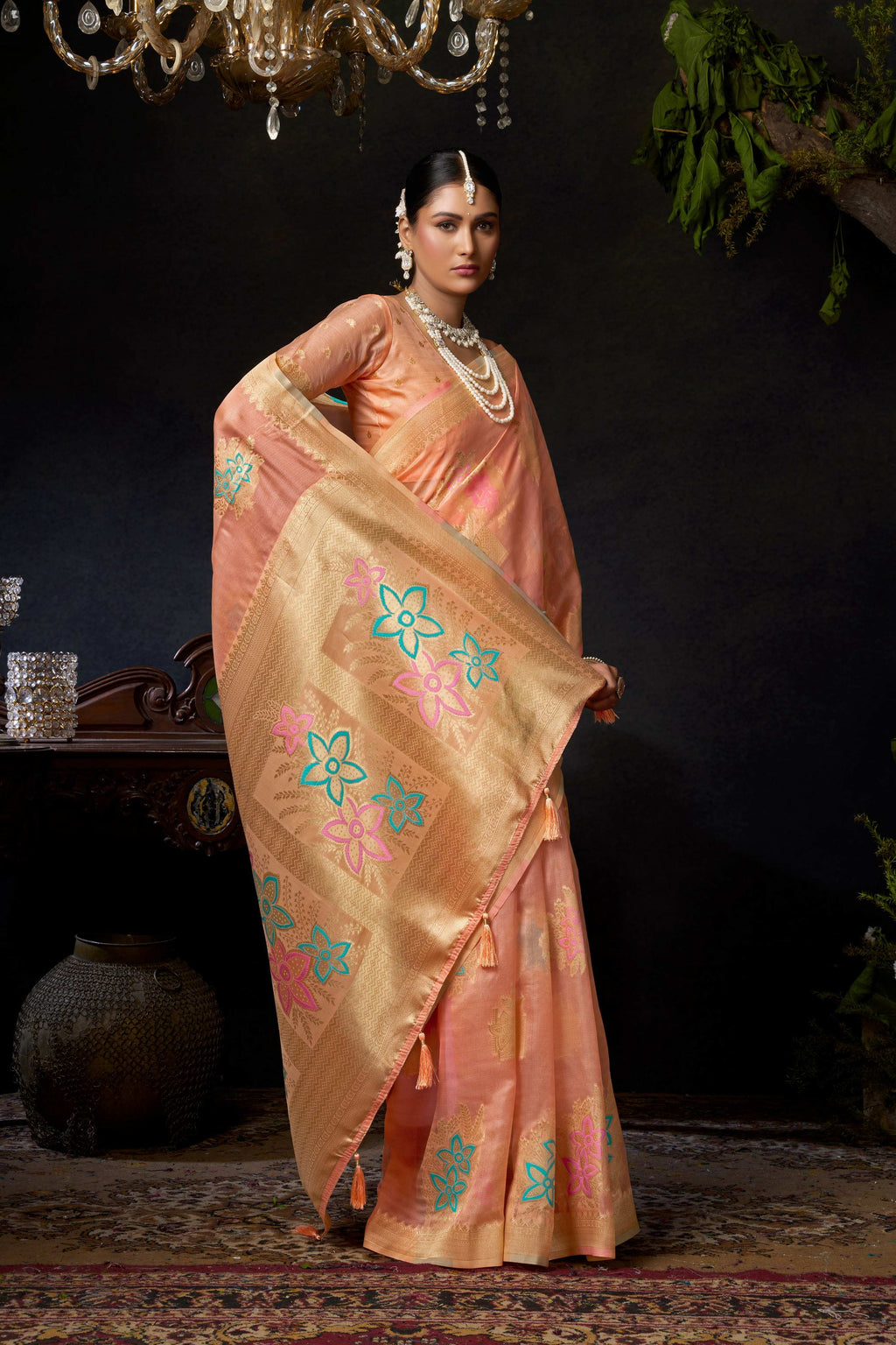 Jyoti Fashion Women's Peach Organza Khadi Zari Woven Saree with Blouse