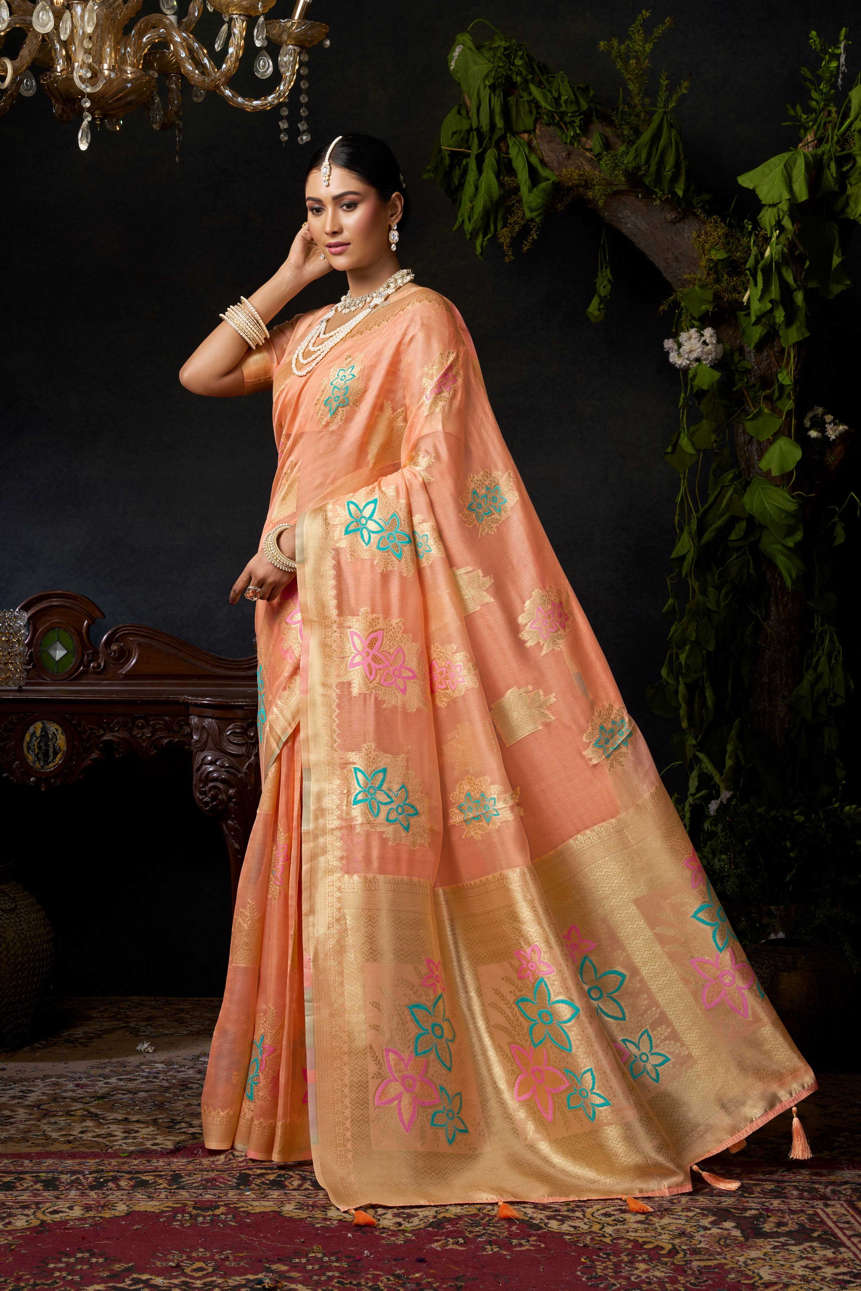 Jyoti Fashion Women's Peach Organza Khadi Zari Woven Saree with Blouse