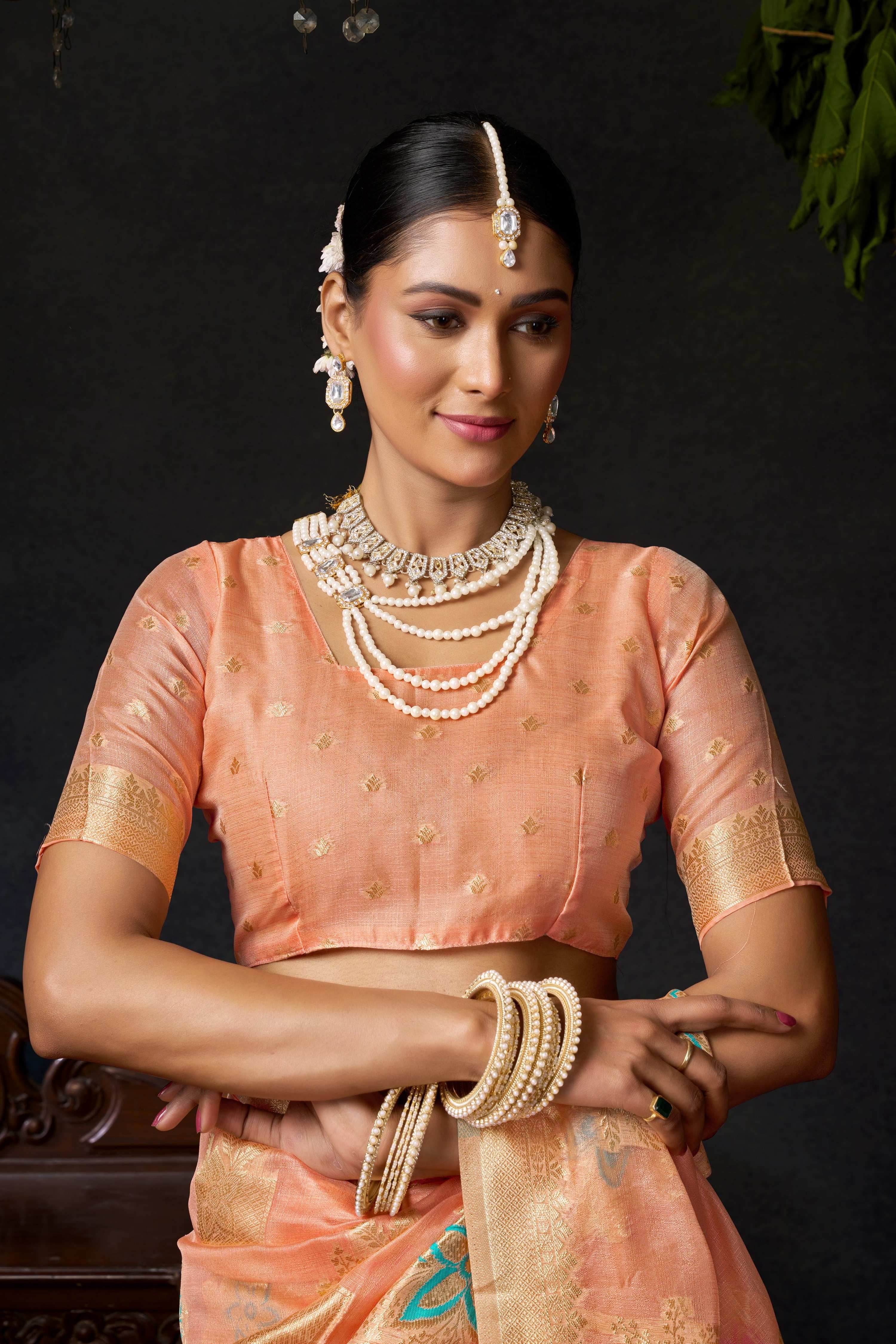 Jyoti Fashion Women's Peach Organza Khadi Zari Woven Saree with Blouse