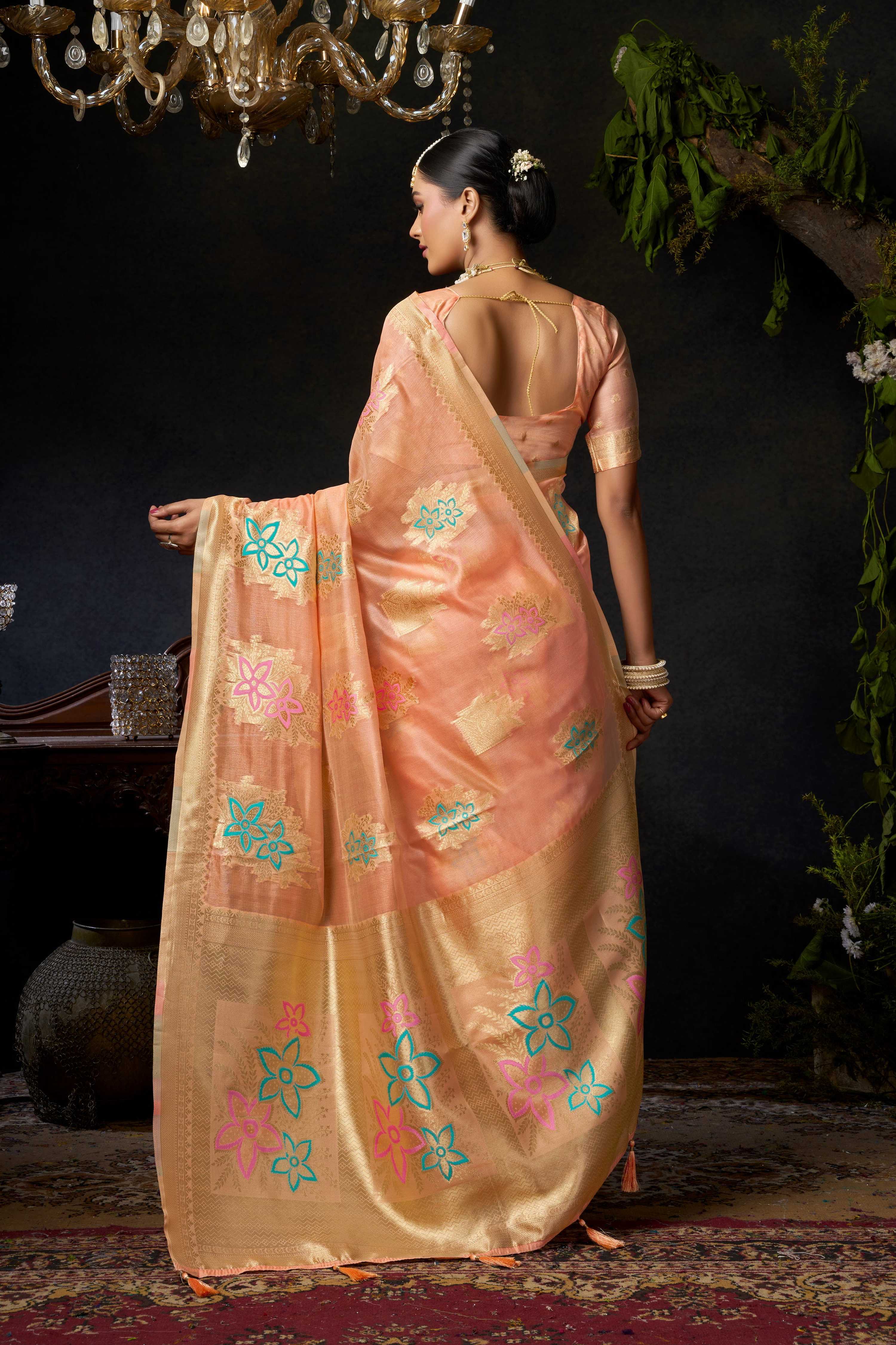 Jyoti Fashion Women's Peach Organza Khadi Zari Woven Saree with Blouse