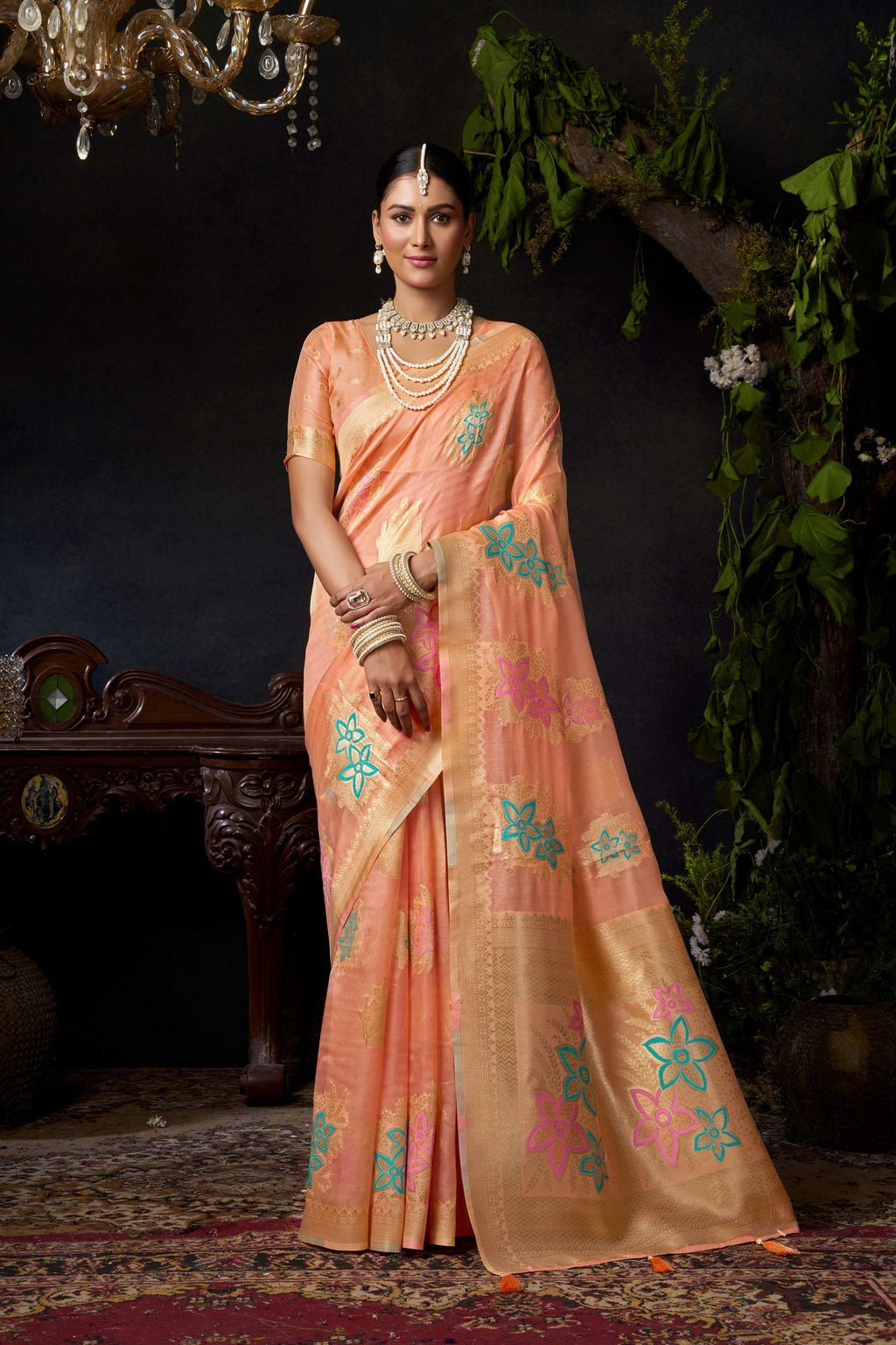 Jyoti Fashion Women's Peach Organza Khadi Zari Woven Saree with Blouse