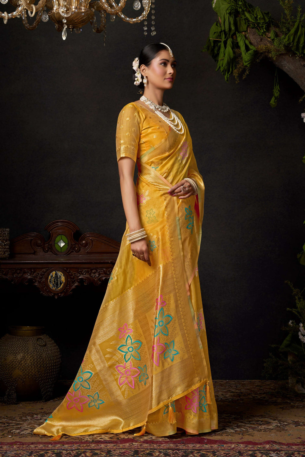 Jyoti Fashion Women's Yellow Organza Khadi Zari Woven Saree with Blouse