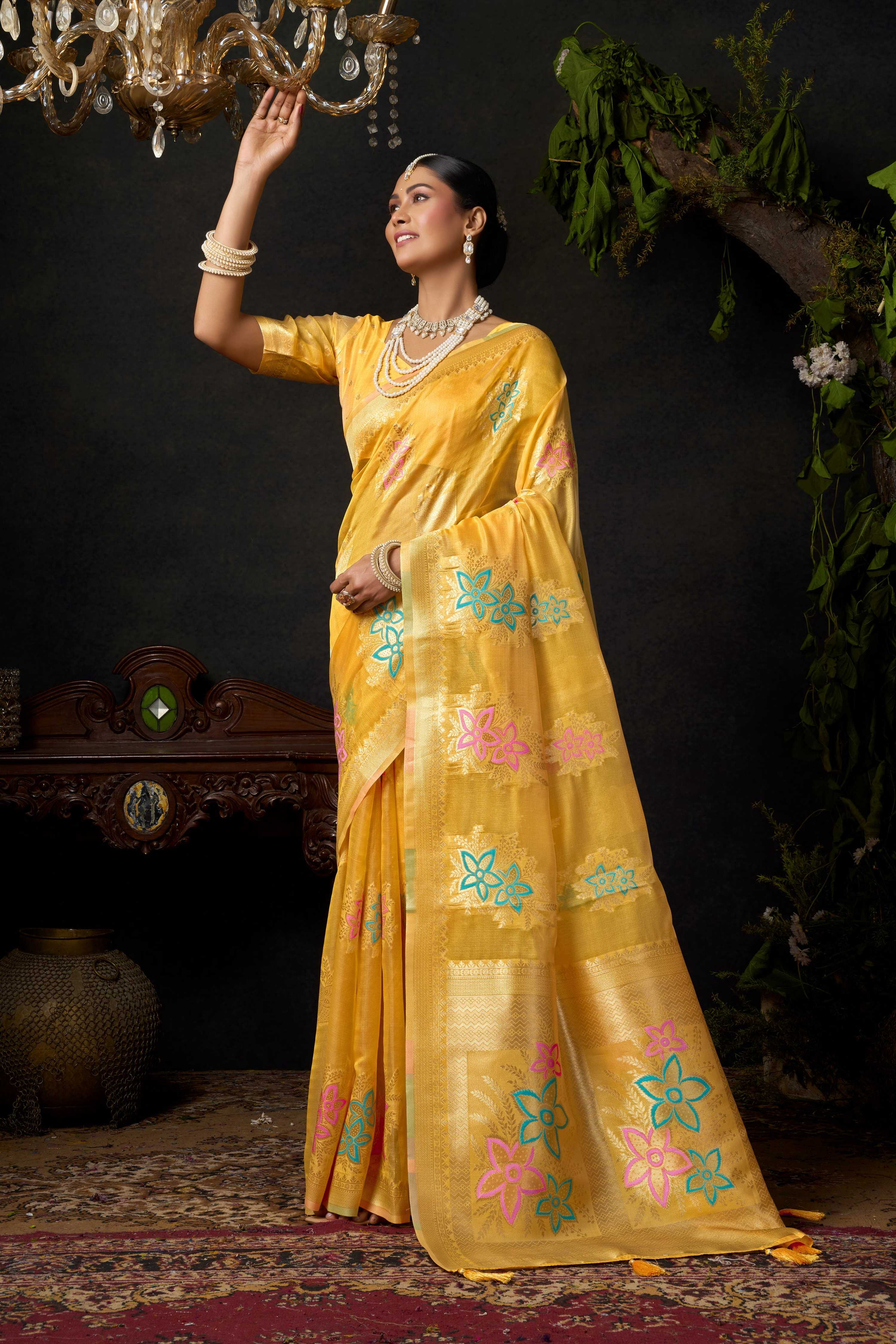 Jyoti Fashion Women's Yellow Organza Khadi Zari Woven Saree with Blouse