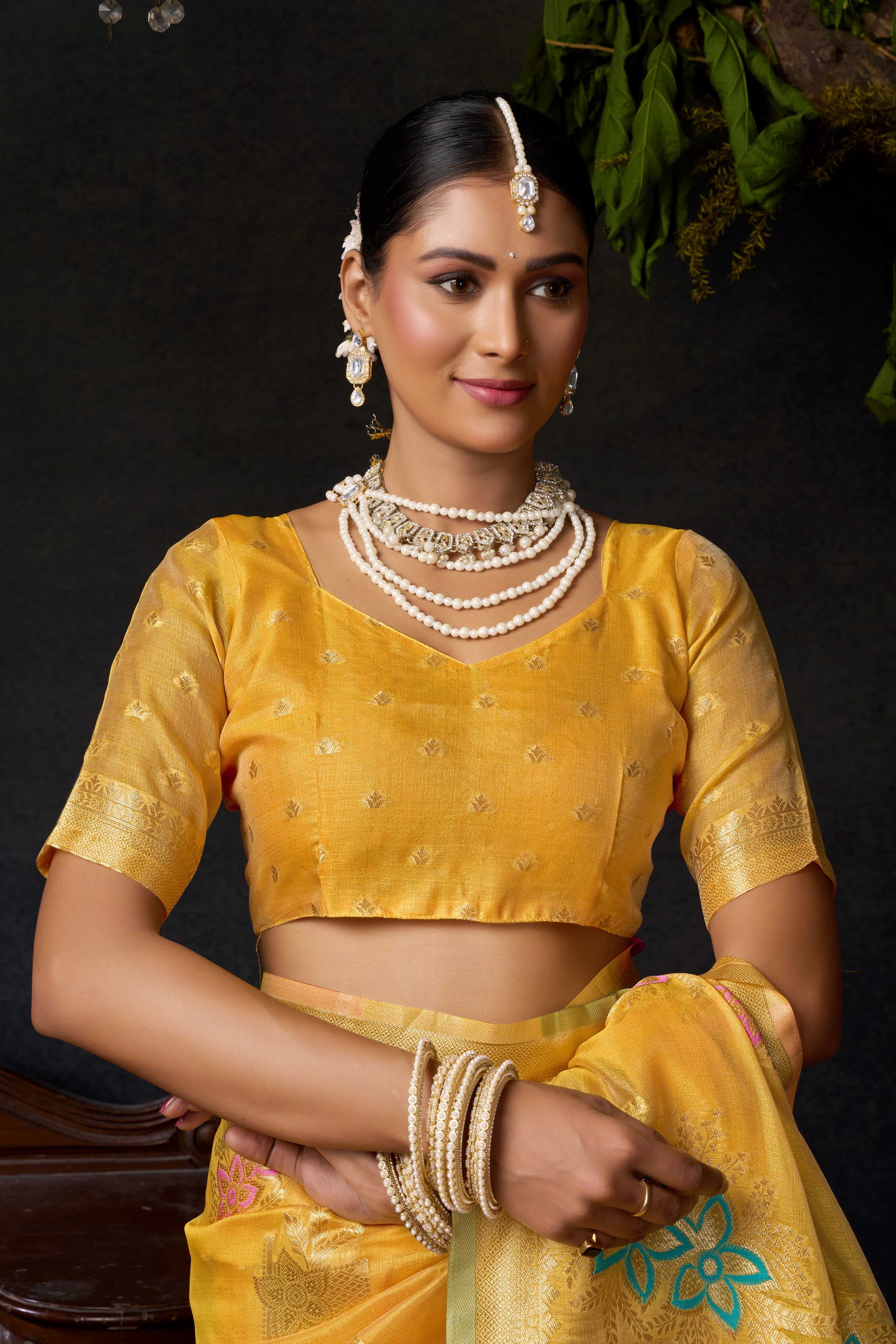 Jyoti Fashion Women's Yellow Organza Khadi Zari Woven Saree with Blouse