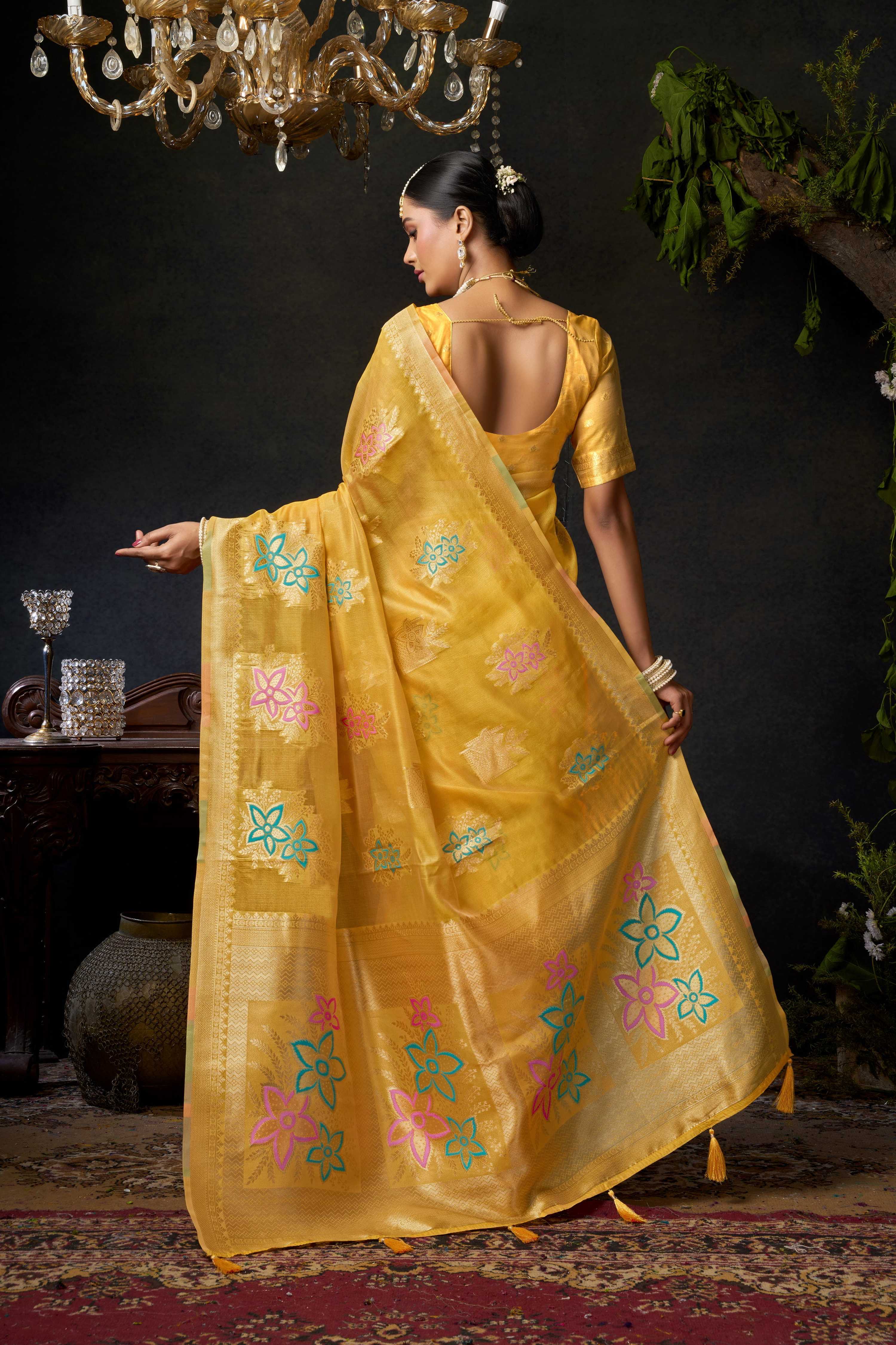 Jyoti Fashion Women's Yellow Organza Khadi Zari Woven Saree with Blouse