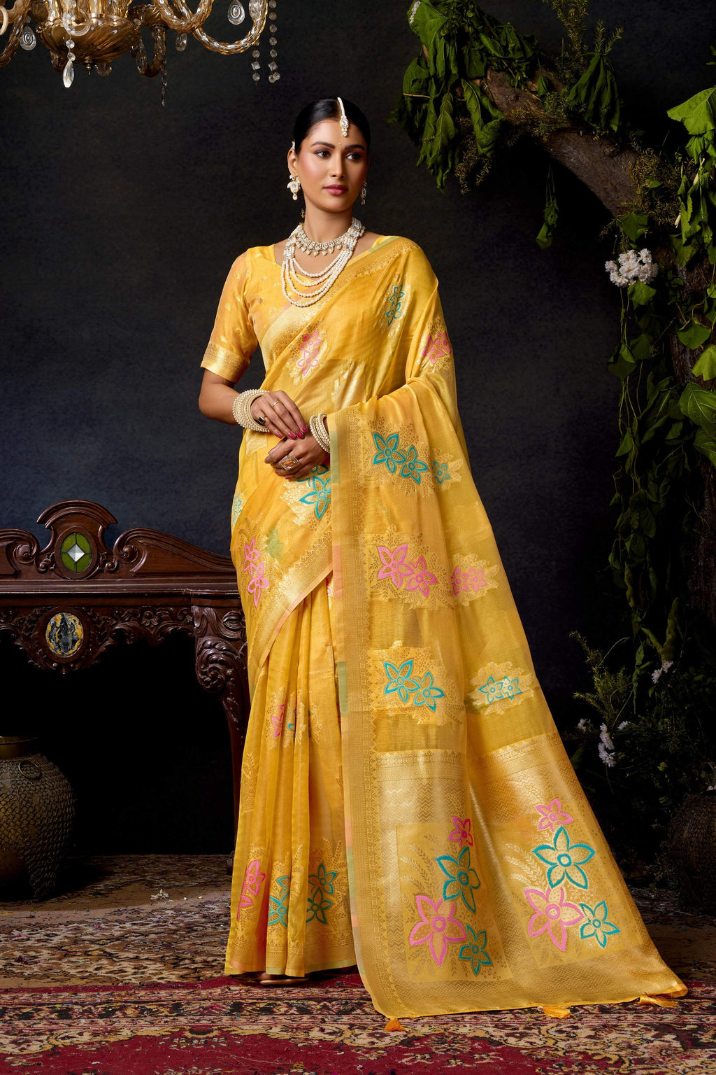 Jyoti Fashion Women's Yellow Organza Khadi Zari Woven Saree with Blouse