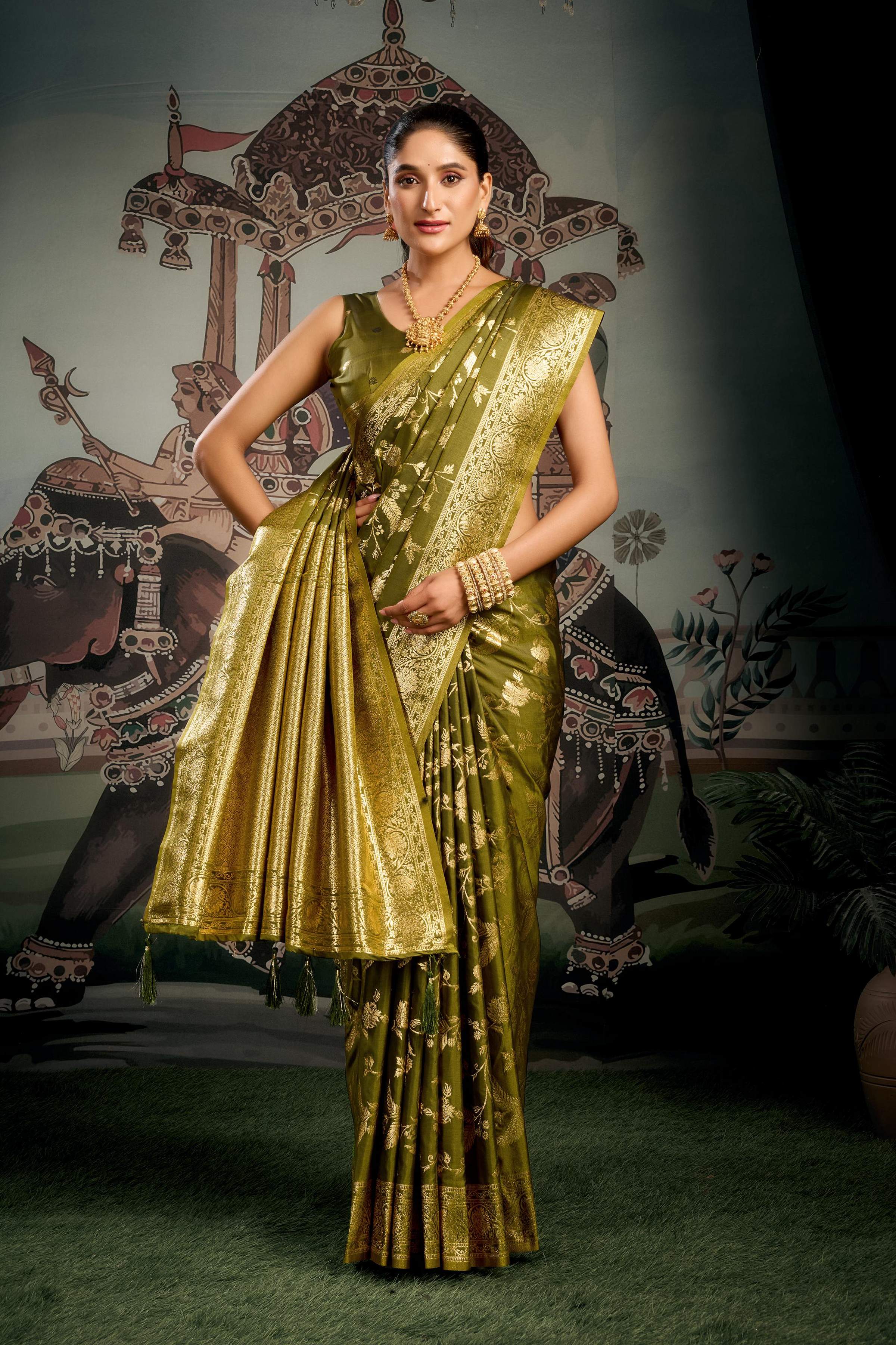 Jyoti Fashion Women's Mehendi Premium Soft Silk Zari Woven Saree with Blouse