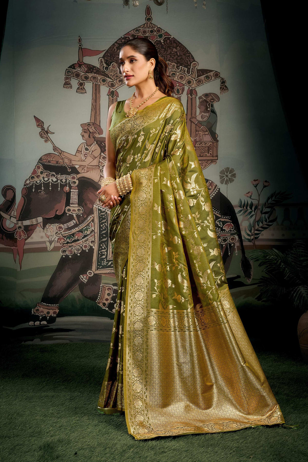 Jyoti Fashion Women's Mehendi Premium Soft Silk Zari Woven Saree with Blouse