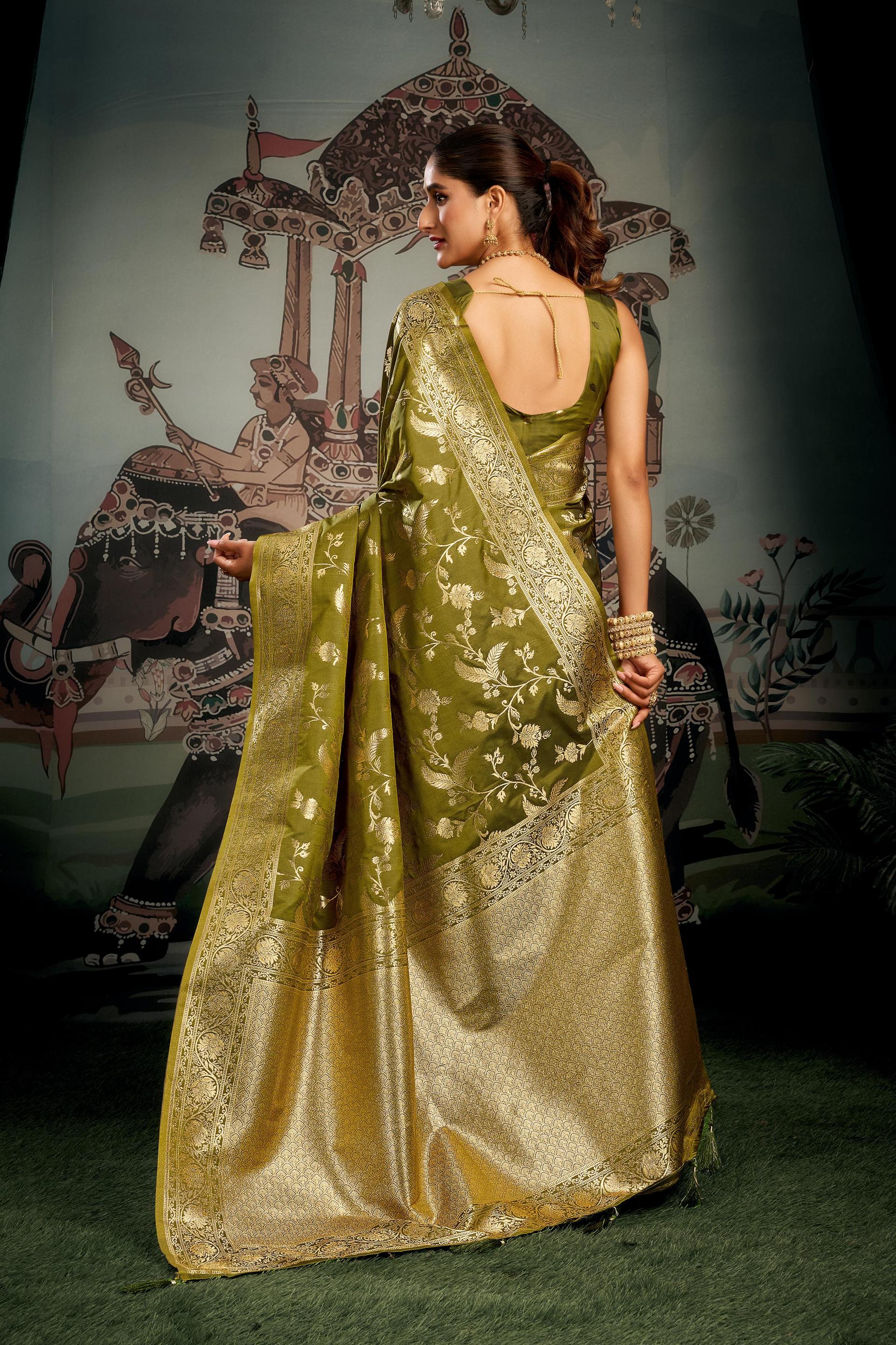 Jyoti Fashion Women's Mehendi Premium Soft Silk Zari Woven Saree with Blouse