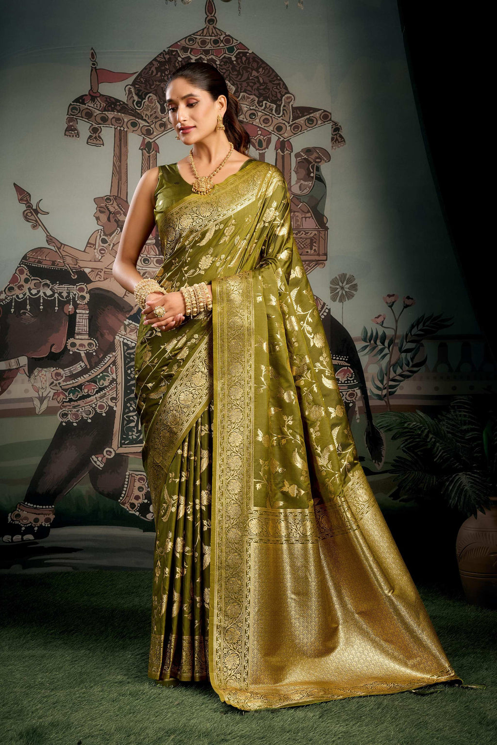 Jyoti Fashion Women's Mehendi Premium Soft Silk Zari Woven Saree with Blouse