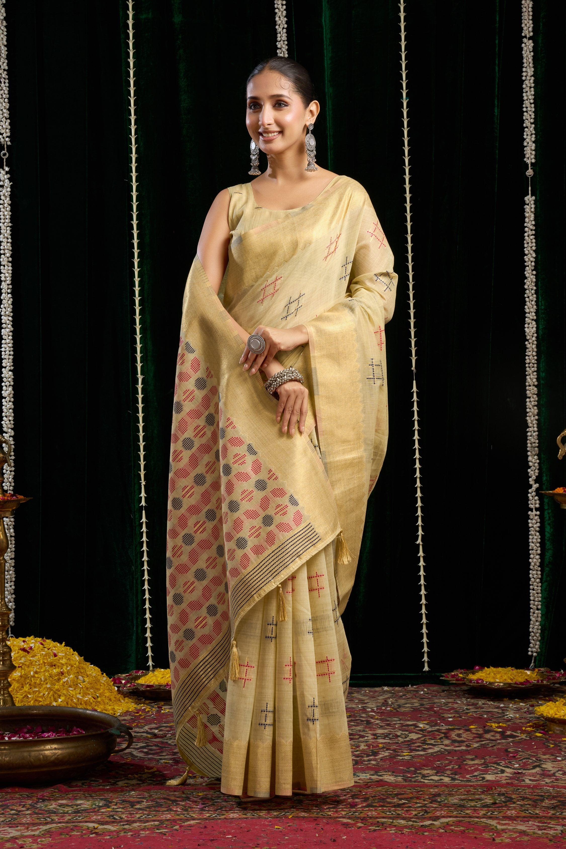Jyoti Fashion Women's Beige Soft Spun Cotton Zari Woven Saree with Blouse