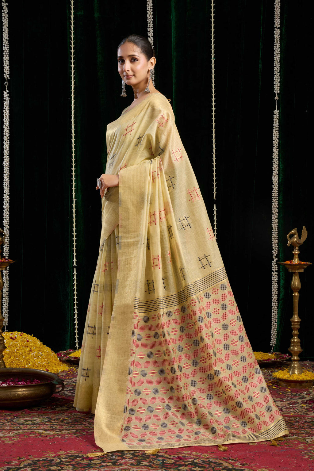 Jyoti Fashion Women's Beige Soft Spun Cotton Zari Woven Saree with Blouse