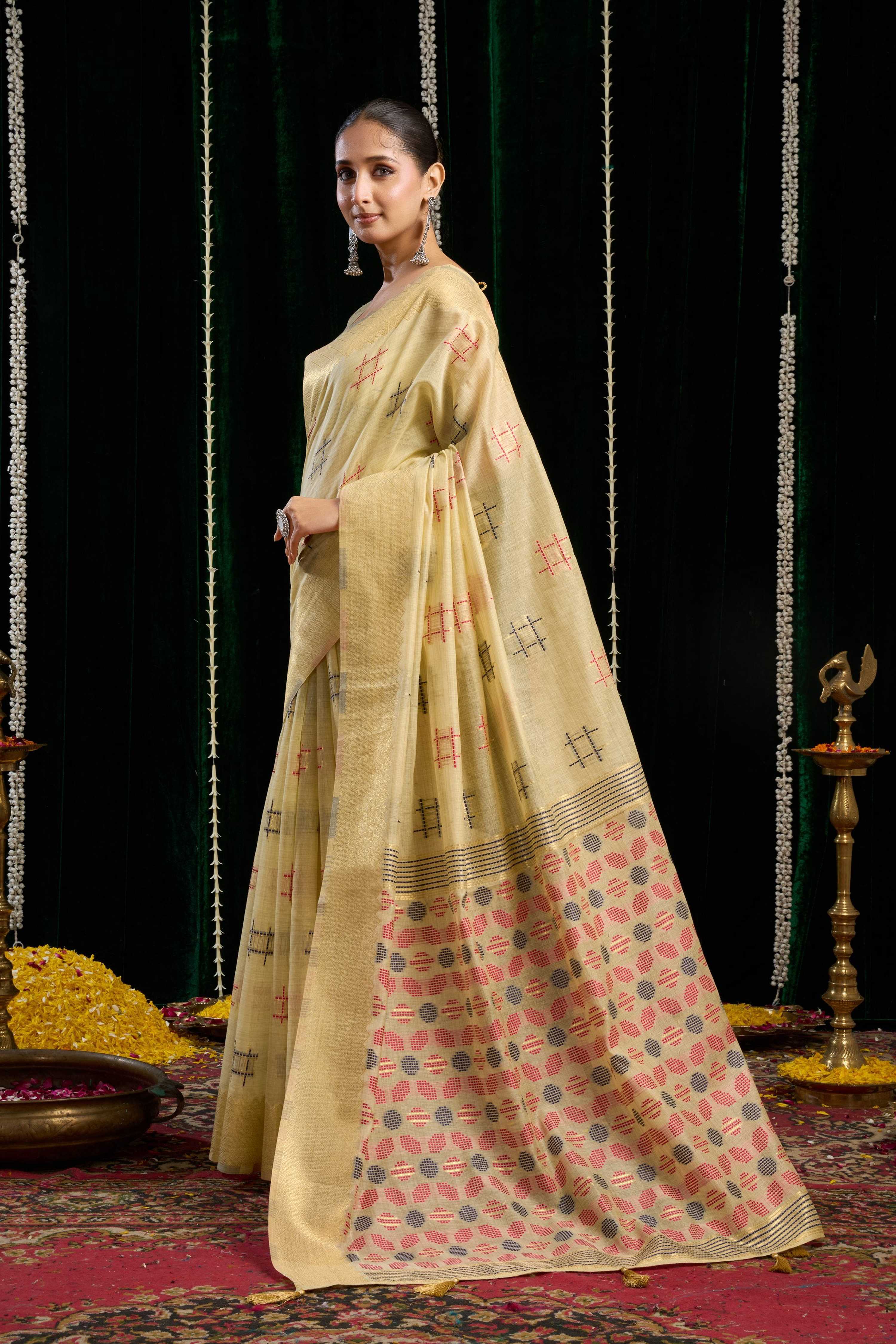 Jyoti Fashion Women's Beige Soft Spun Cotton Zari Woven Saree with Blouse