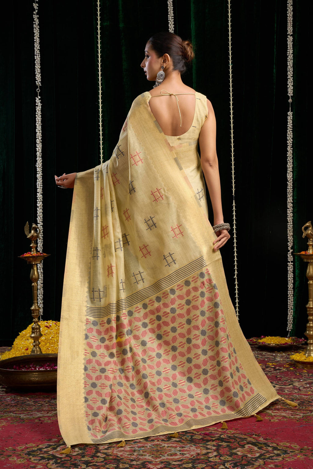 Jyoti Fashion Women's Beige Soft Spun Cotton Zari Woven Saree with Blouse