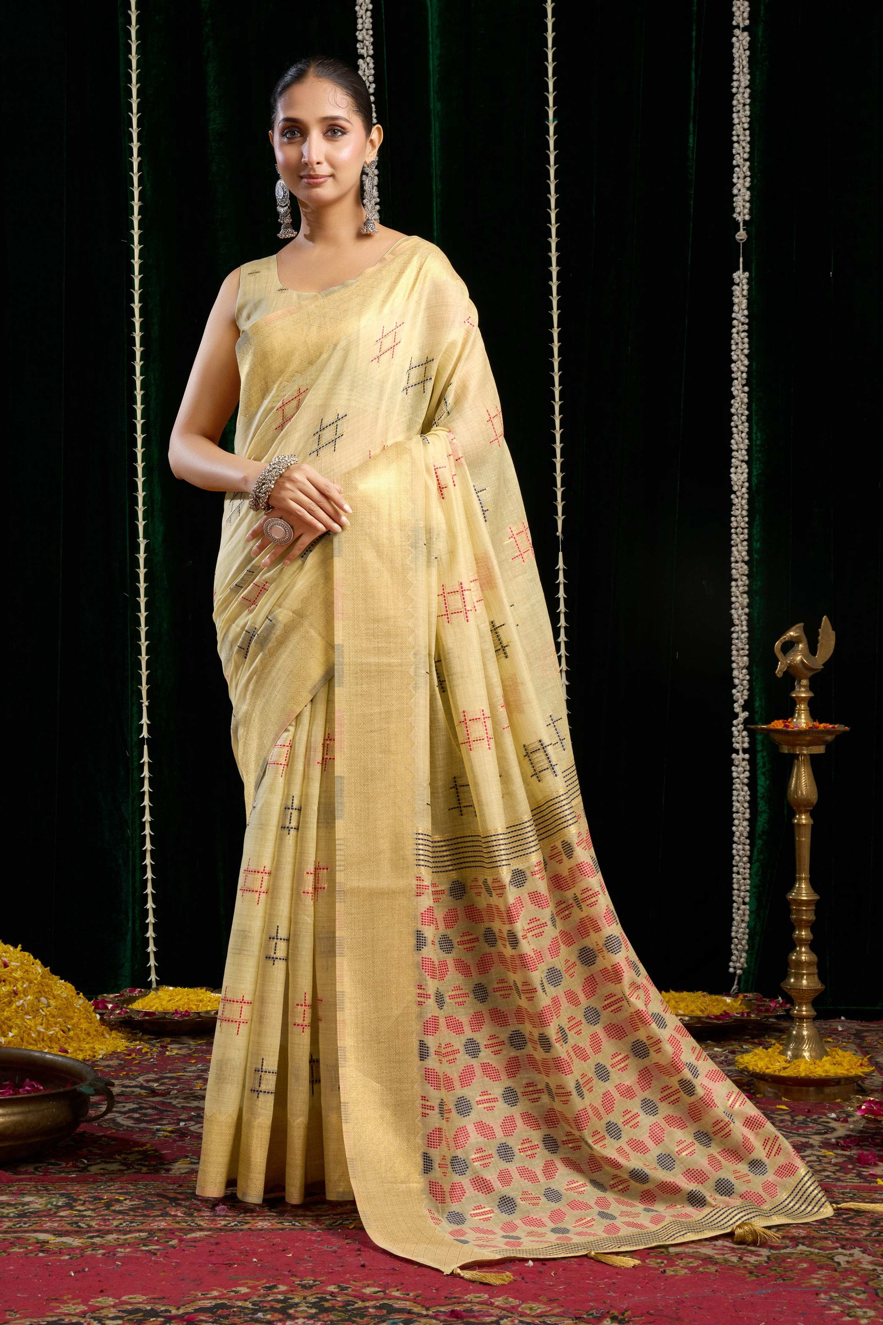 Jyoti Fashion Women's Beige Soft Spun Cotton Zari Woven Saree with Blouse