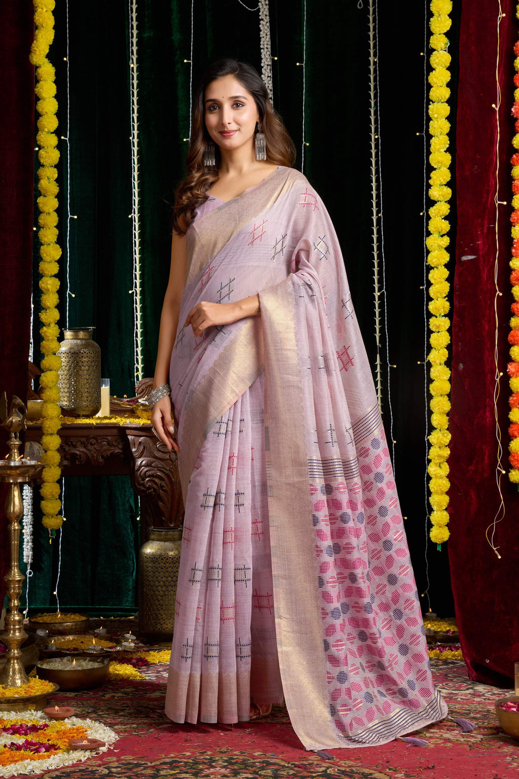 Jyoti Fashion Women's Purple Soft Spun Cotton Zari Woven Saree with Blouse