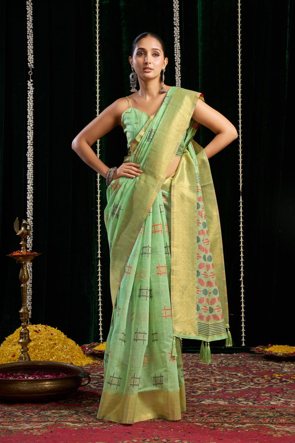 Jyoti Fashion Women's Green Soft Spun Cotton Zari Woven Saree with Blouse